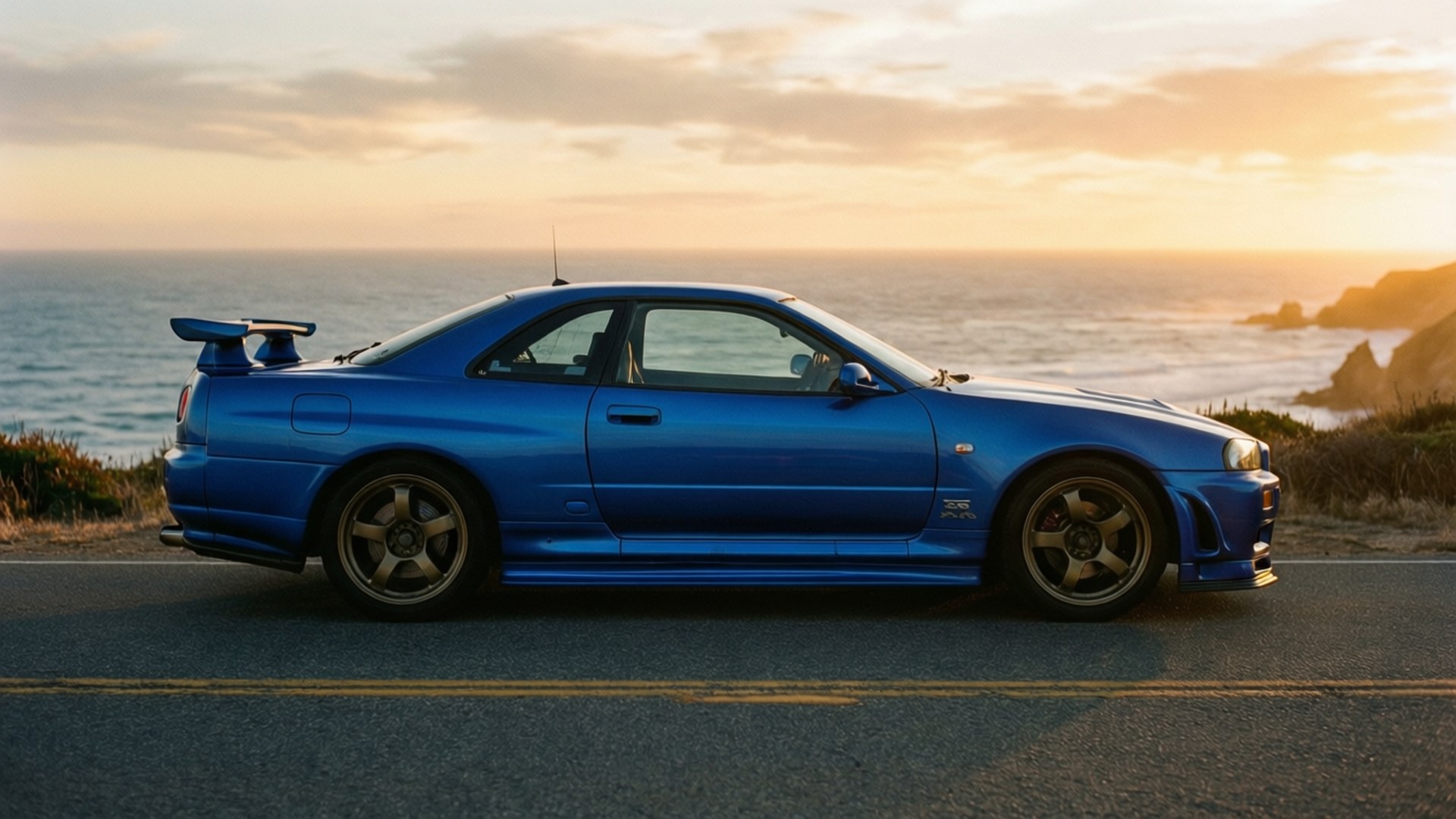 藍色日產Skyline GT-R停泊在日落時分的海岸公路上，俯瞰海洋懸崖