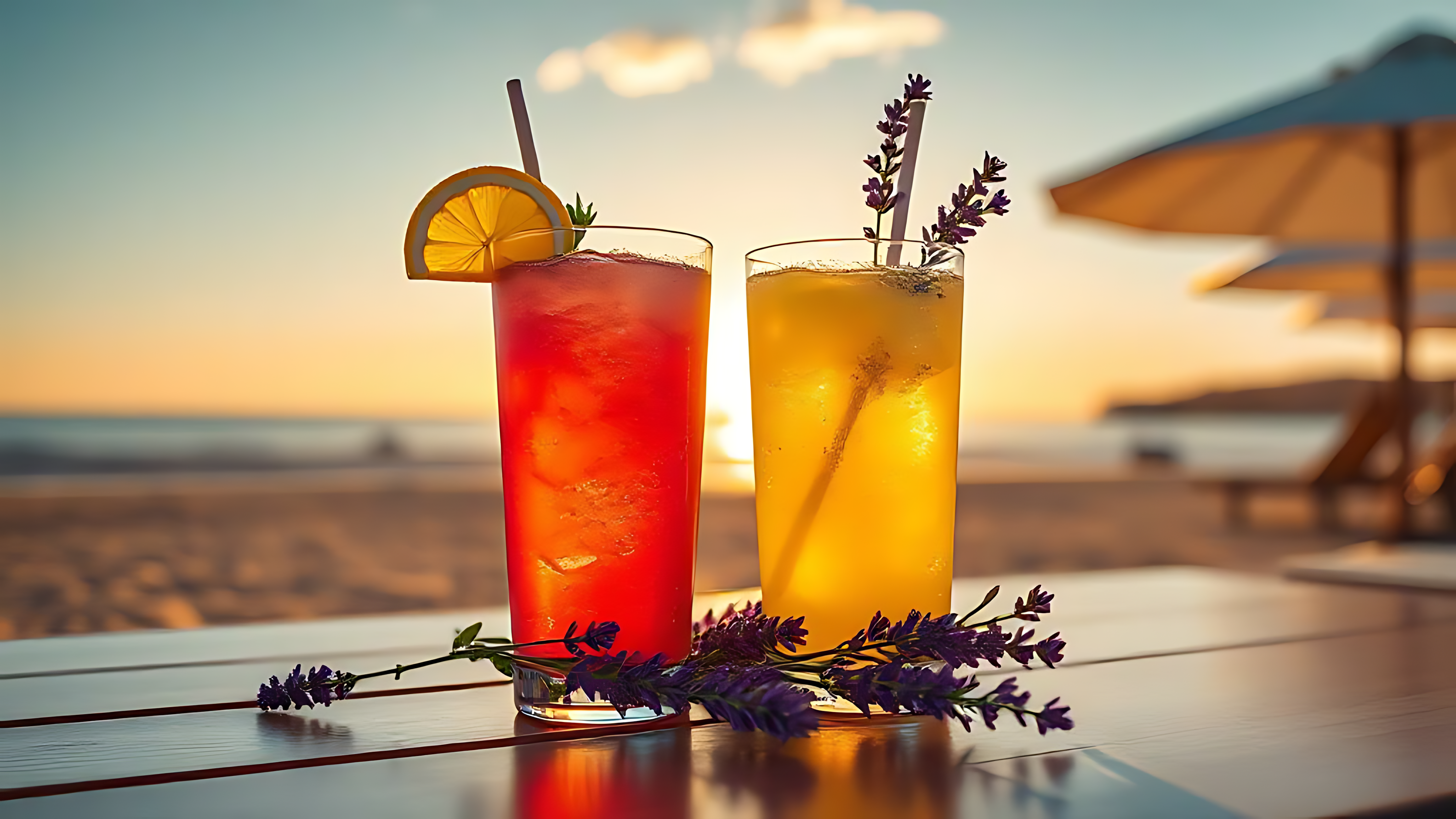 海邊酒吧的色彩繽紛熱帶飲品 壁紙 — 兩杯色彩繽紛的雞尾酒，飾以柑橘和薰衣草，放在木桌上，背景是沙灘和太陽傘，夕陽西下。