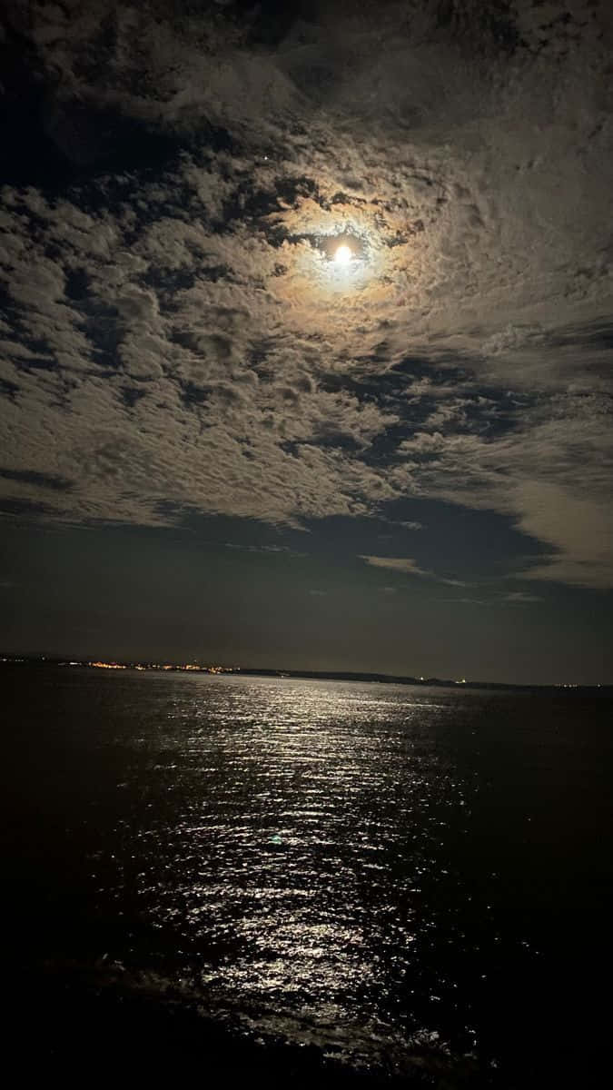 月光在水面上反射，多雲的夜空下遠處有城市燈光。