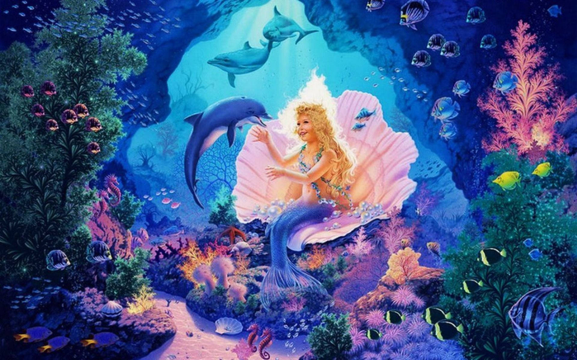 美人魚在粉紅色貝殼中，與海豚和珊瑚在水下