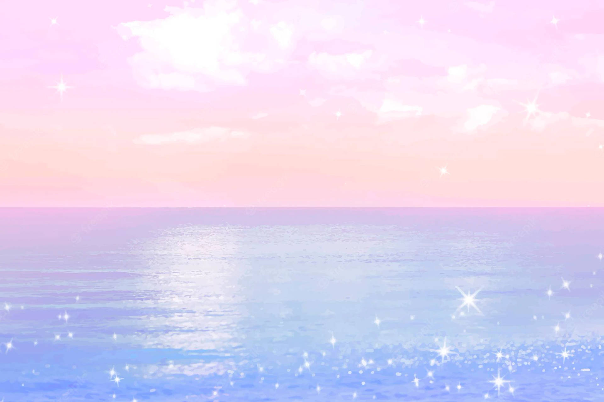 海面柔光雲朵風景 壁紙 — 柔和粉紅天空下寧靜的粉彩海洋，水面和雲層間散落著閃爍的星星。