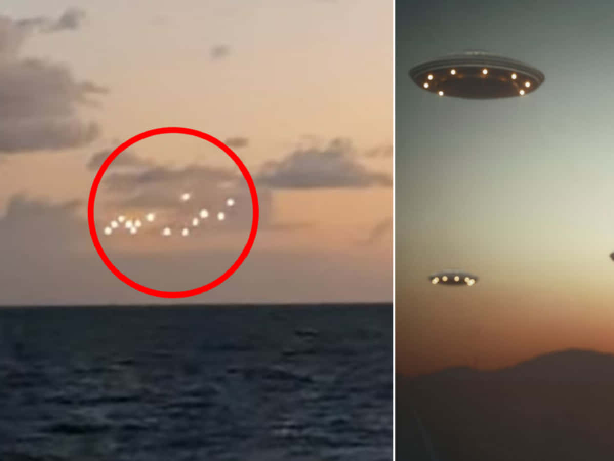 兩架UFO發出光芒，在暮色中懸浮於海洋和山丘之上。