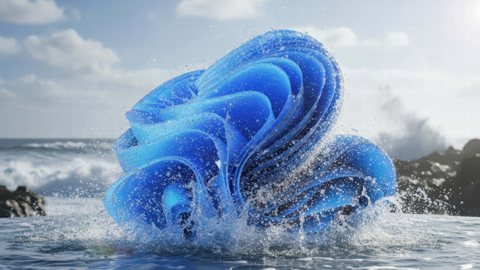 海面飛濺 Bloom 桌面增強壁紙 壁紙 — 一道雕塑般的藍色海浪戲劇性地拍打岩石，閃閃發光的水滴以慢動作飛濺。