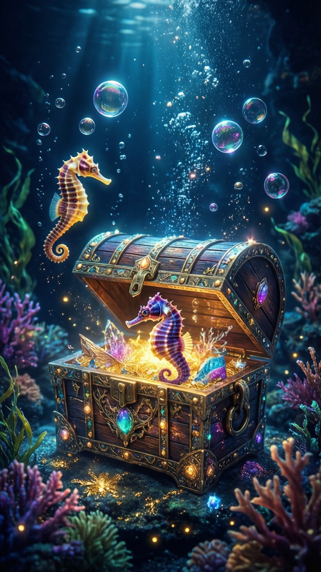 海馬寶藏 壁紙 — 一個發光的寶箱，裝滿寶石和黃金，位於水下，周圍環繞著色彩繽紛的珊瑚和兩隻在附近游動的海馬。