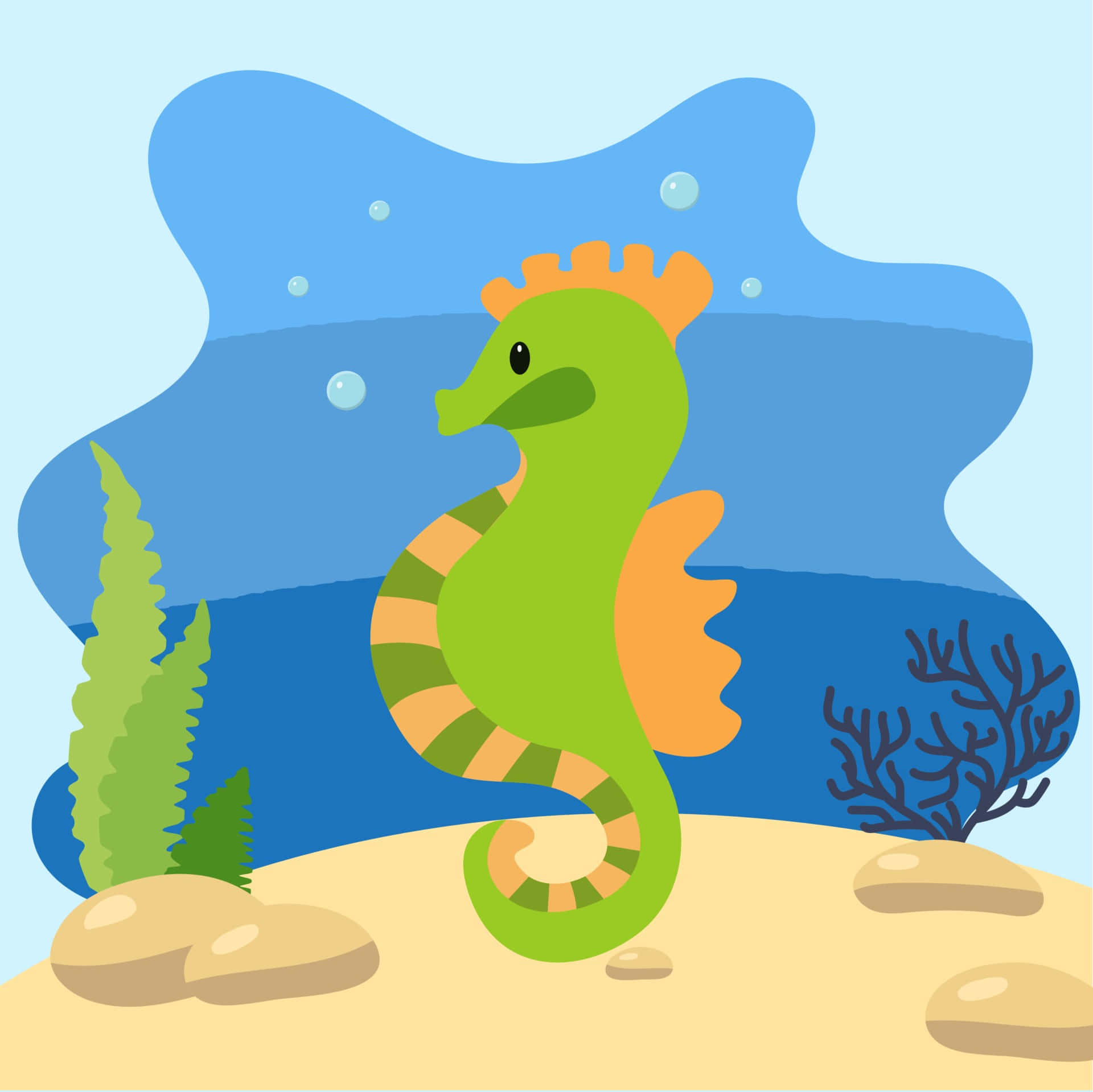 海馬穿行於碧綠海洋景觀中 壁紙 — 一隻帶有橙色鰭的快樂綠色海馬在氣泡藍色海水下，在珊瑚和海藻附近的沙質海底上方游動。