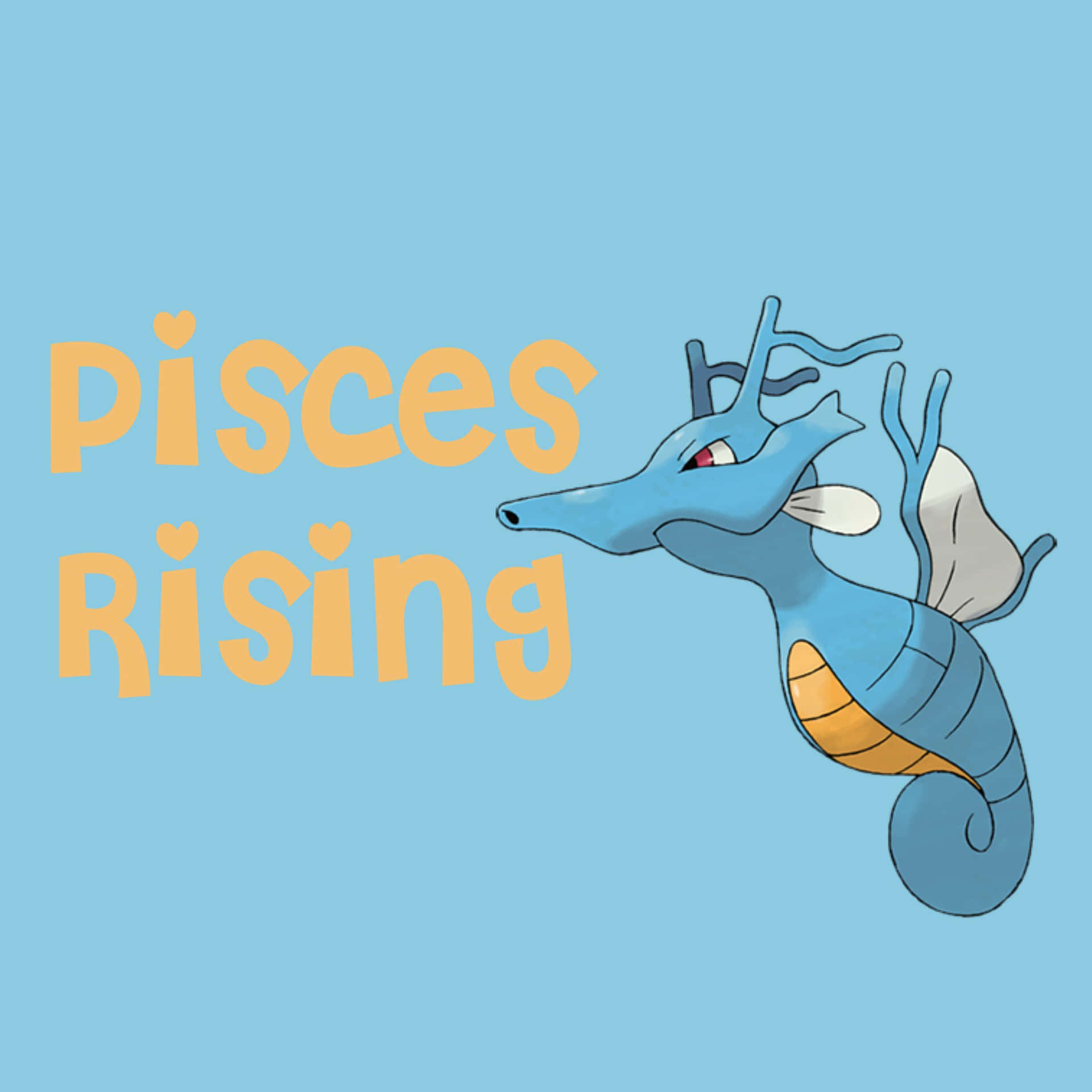 藍色海馬，橙色腹部，白色鰭，向右游，帶有黃色 'Pisces Rising' 文字。