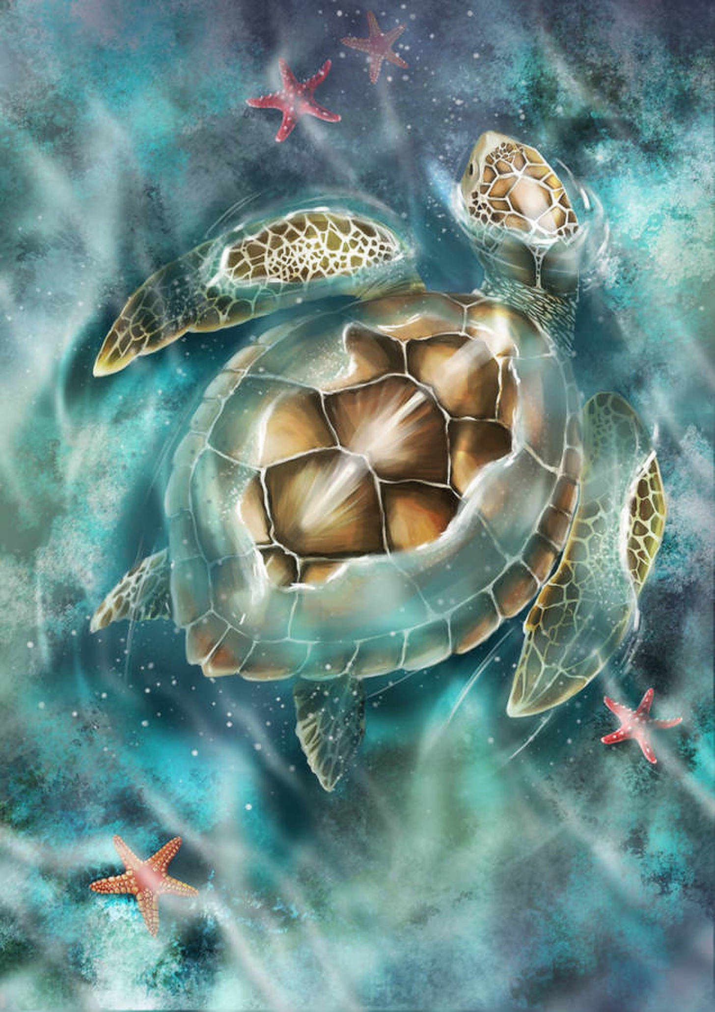 海龜向量藝術 壁紙 — 一隻雄偉的海龜在碧綠的海水中滑行，發光的海星漂浮在周圍，營造出夢幻般的水下場景。