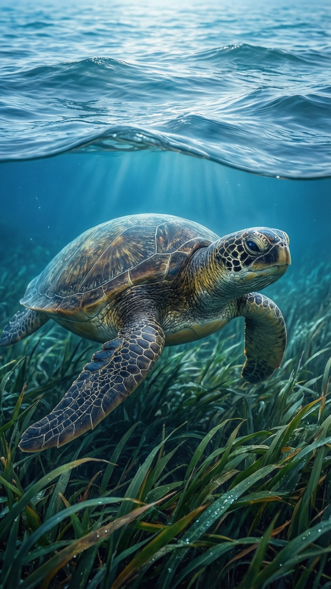 海龜在綠色海草間游泳，陽光透過波浪照射到水下。
