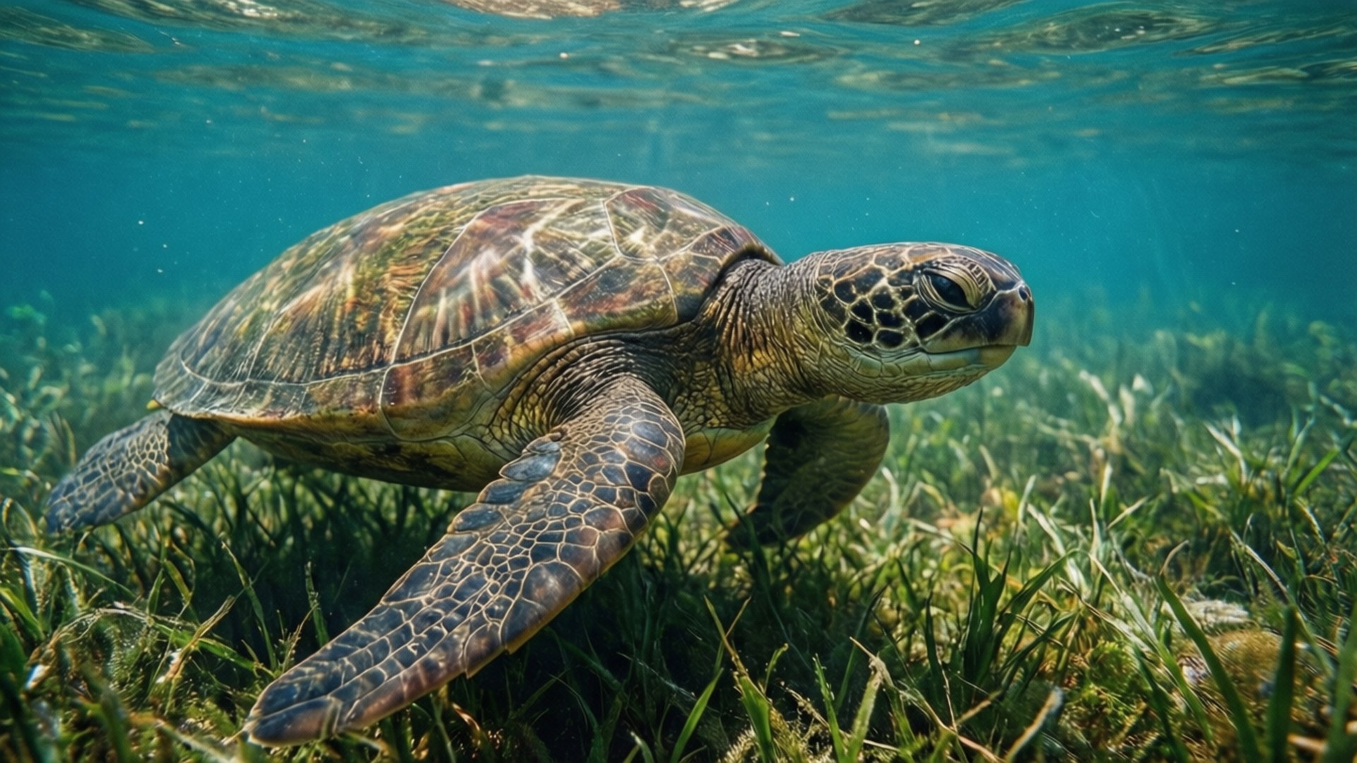 海龜在清澈的藍色海水中游過海草