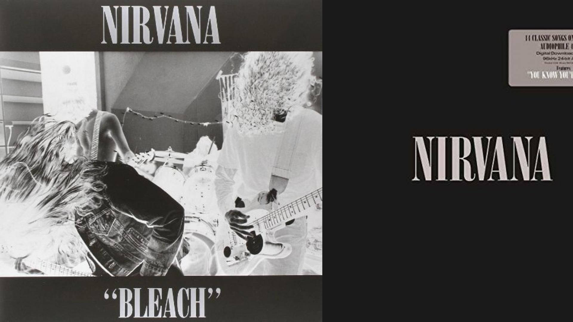 Nirvana 樂隊在《Bleach》專輯封面上演奏樂器的黑白照片。