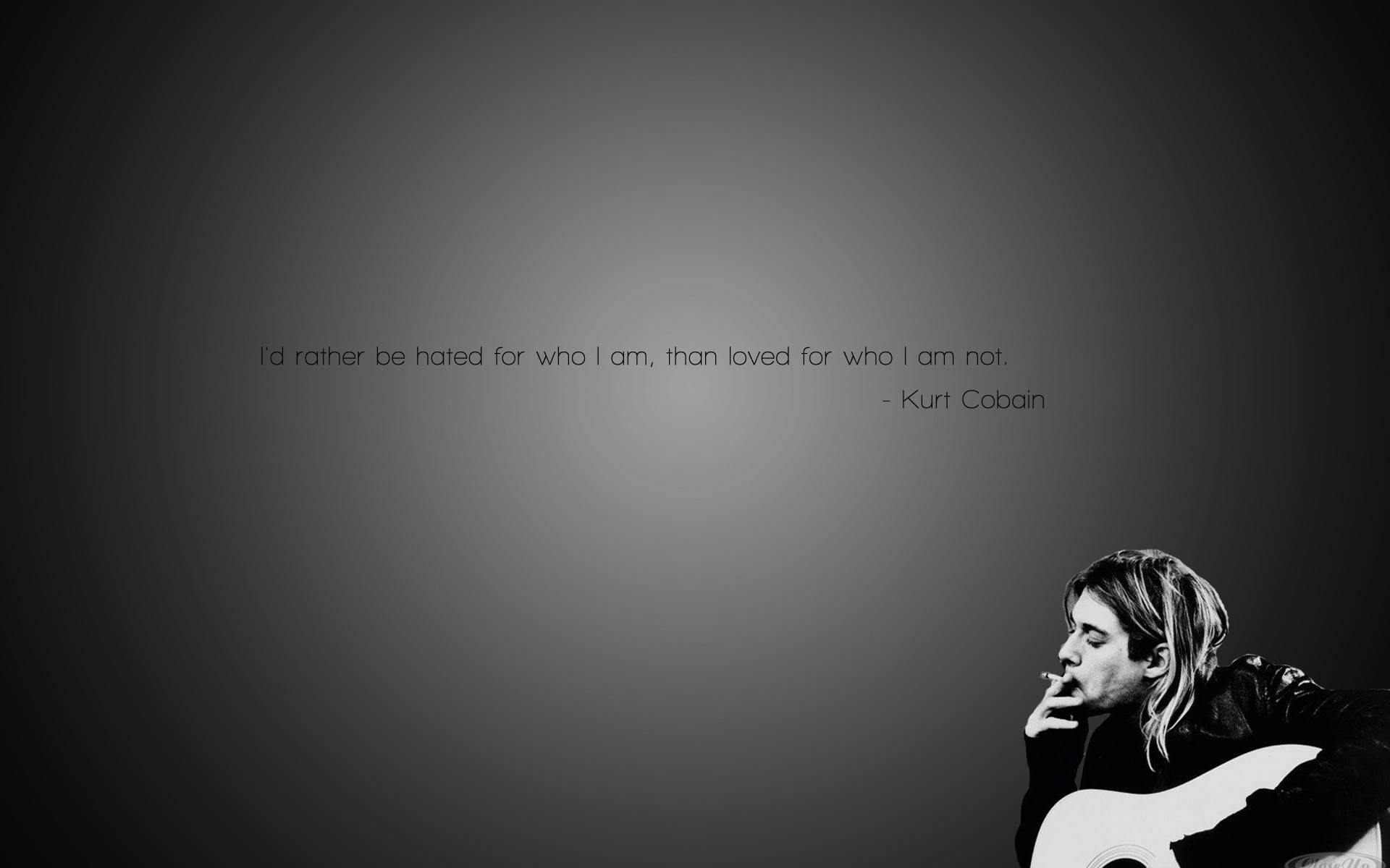 涅槃樂隊4K庫特·科本名言壁紙 壁紙 — 一張黑白肖像，Kurt Cobain 手持結他、吸煙，背景為漸變灰色，並附有他的名言。