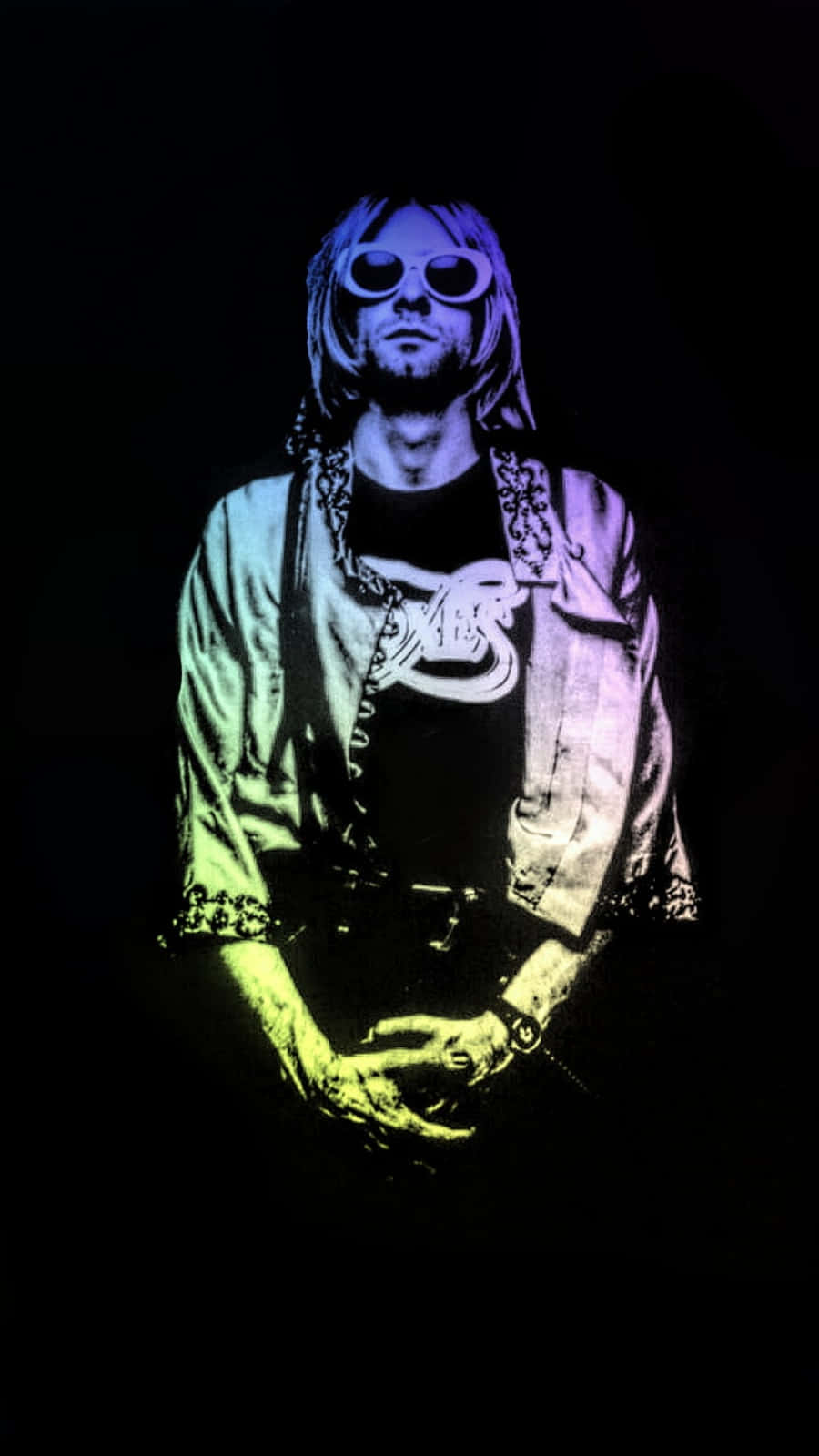 Kurt Cobain 戴著太陽眼鏡，在黑色背景上呈現螢光綠和紫色燈光。