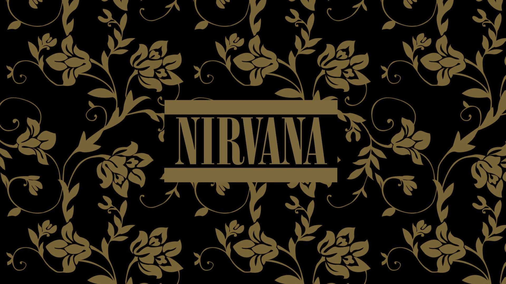 金色花卉圖案，'NIRVANA' 文字居中於黑色背景上。