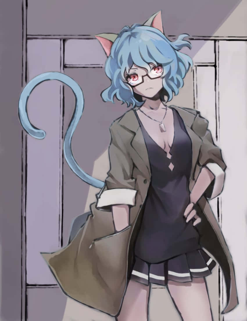 藍髮貓耳動漫女孩穿外套站在窗邊