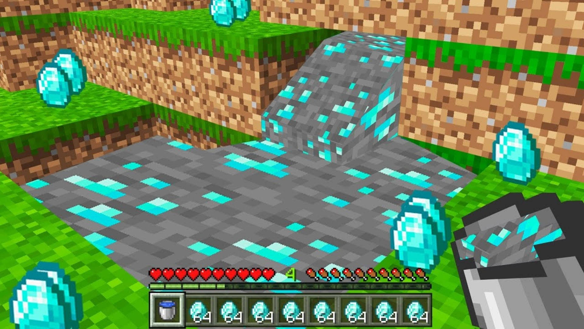 液態鑽石 Minecraft 壁紙 — 一個像素化的Minecraft場景，顯示鑽石礦脈流入一個被草和泥土方塊包圍的開採坑中。