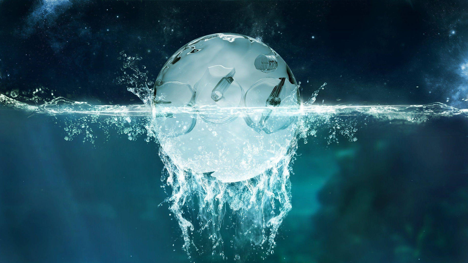玻璃球內有科技小工具漂浮在水中，背景是星空