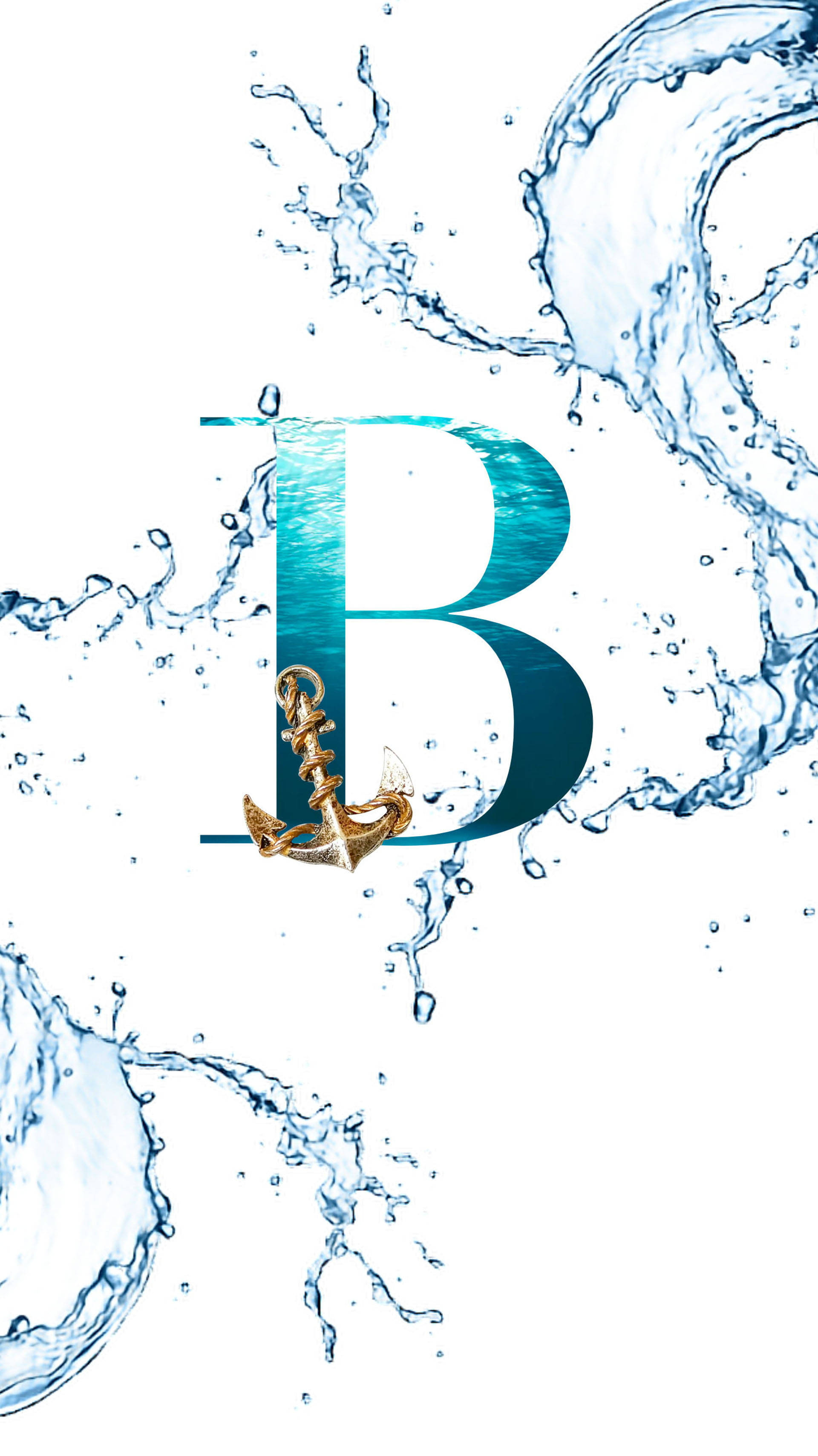 液體動態構成字母B 壁紙 — 一個風格化的字母 B，帶有金色錨點，沉浸在動態藍色水花中，背景為白色。
