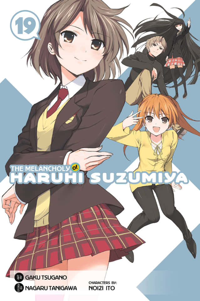 Haruhi Sasaki 桌布 壁紙 — 《涼宮春日的憂鬱》第19卷的動畫封面藝術，三位女學生在幾何藍白背景前擺出動態姿勢。