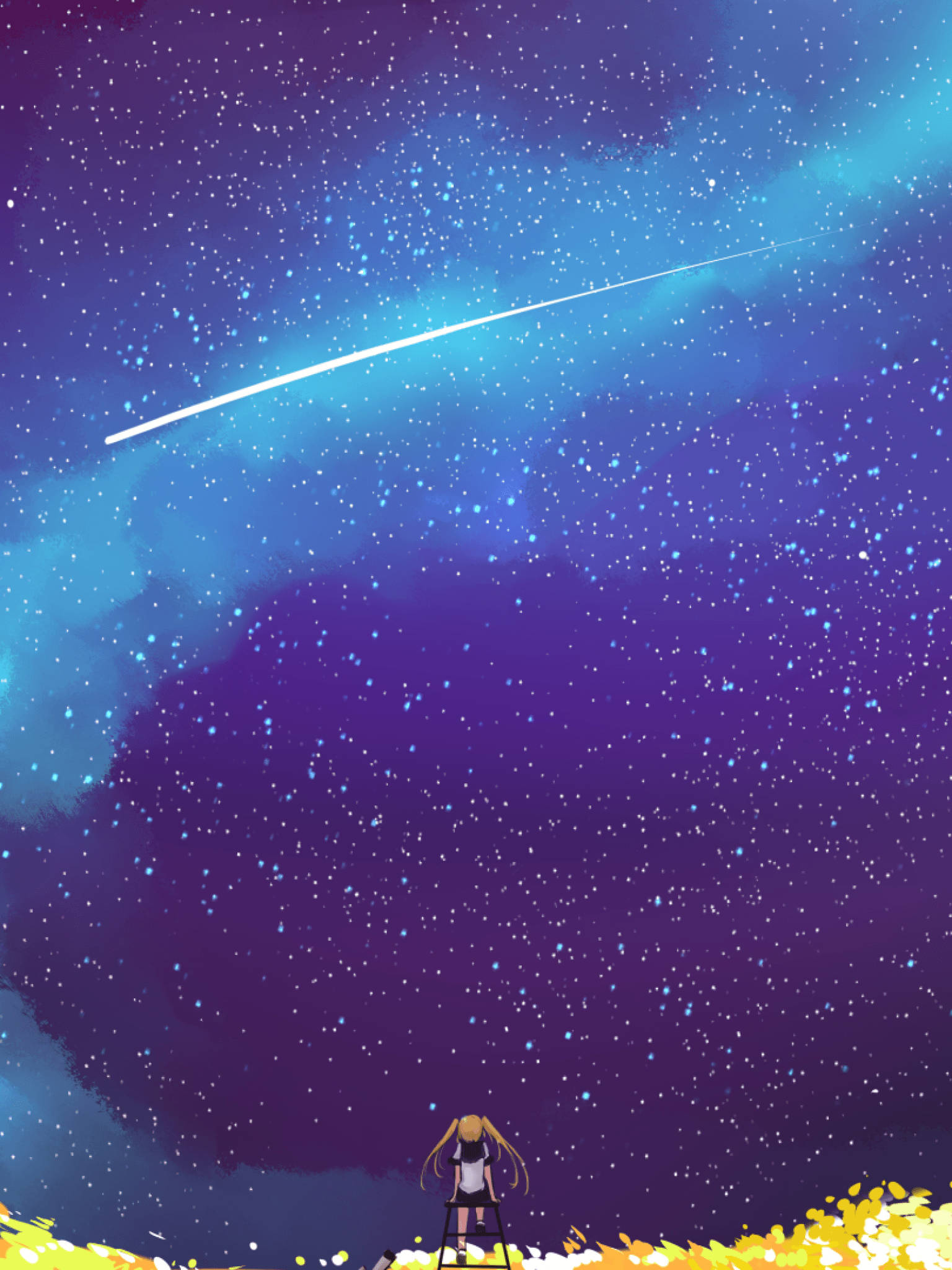 涼爽星系流星 壁紙 — 一個孤獨的動漫女孩，金色雙馬尾，站在梯子上凝視著被明亮流星劃過的充滿活力的紫色和藍色星空。