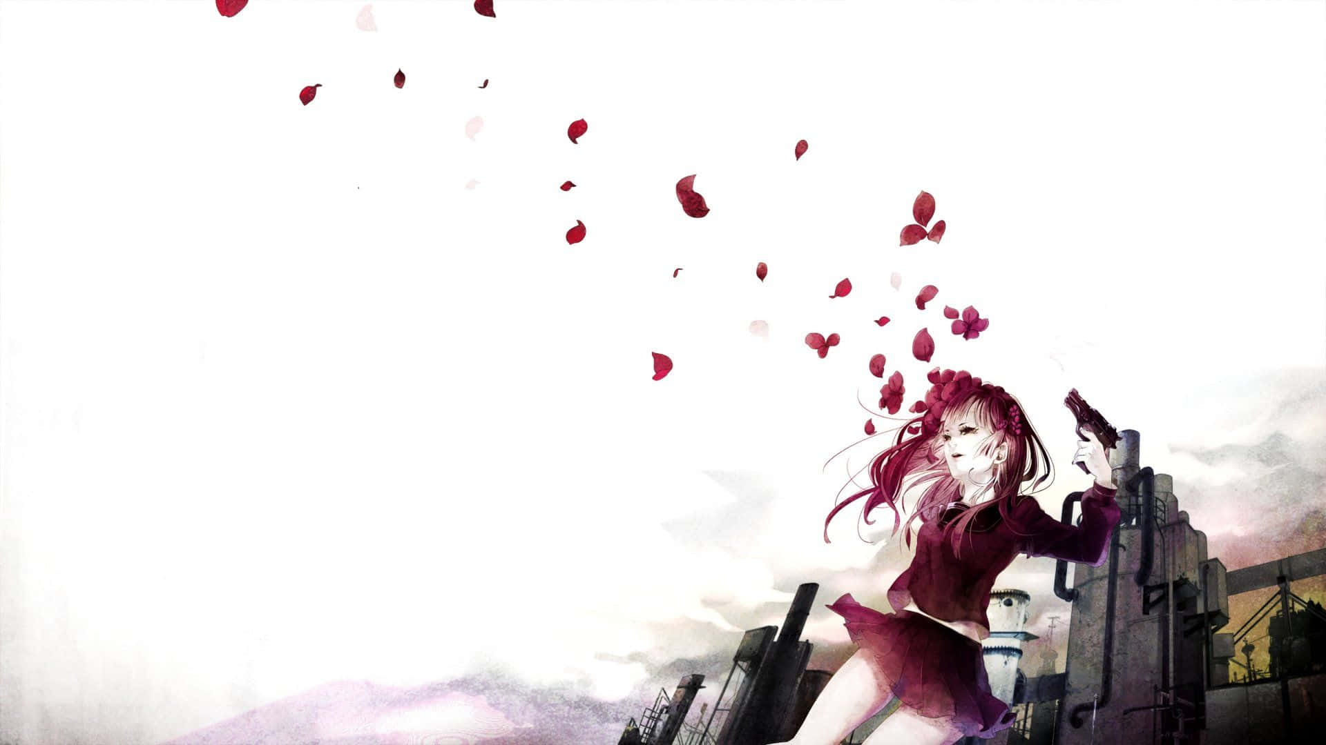 淒美動畫藝術 壁紙 — 一位紅髮動漫少女身穿栗色服裝，在純白天空的襯托下開槍，深紅色的花瓣在她周圍爆開。