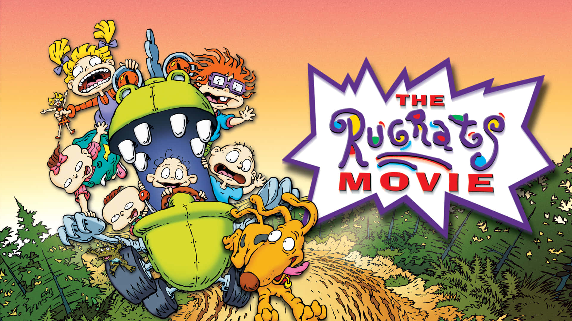rugrats 桌布 壁紙 — 《淘氣小兵兵》電影海報展示了孩子們和他們的狗在森林中，還有一輛飛行器。
