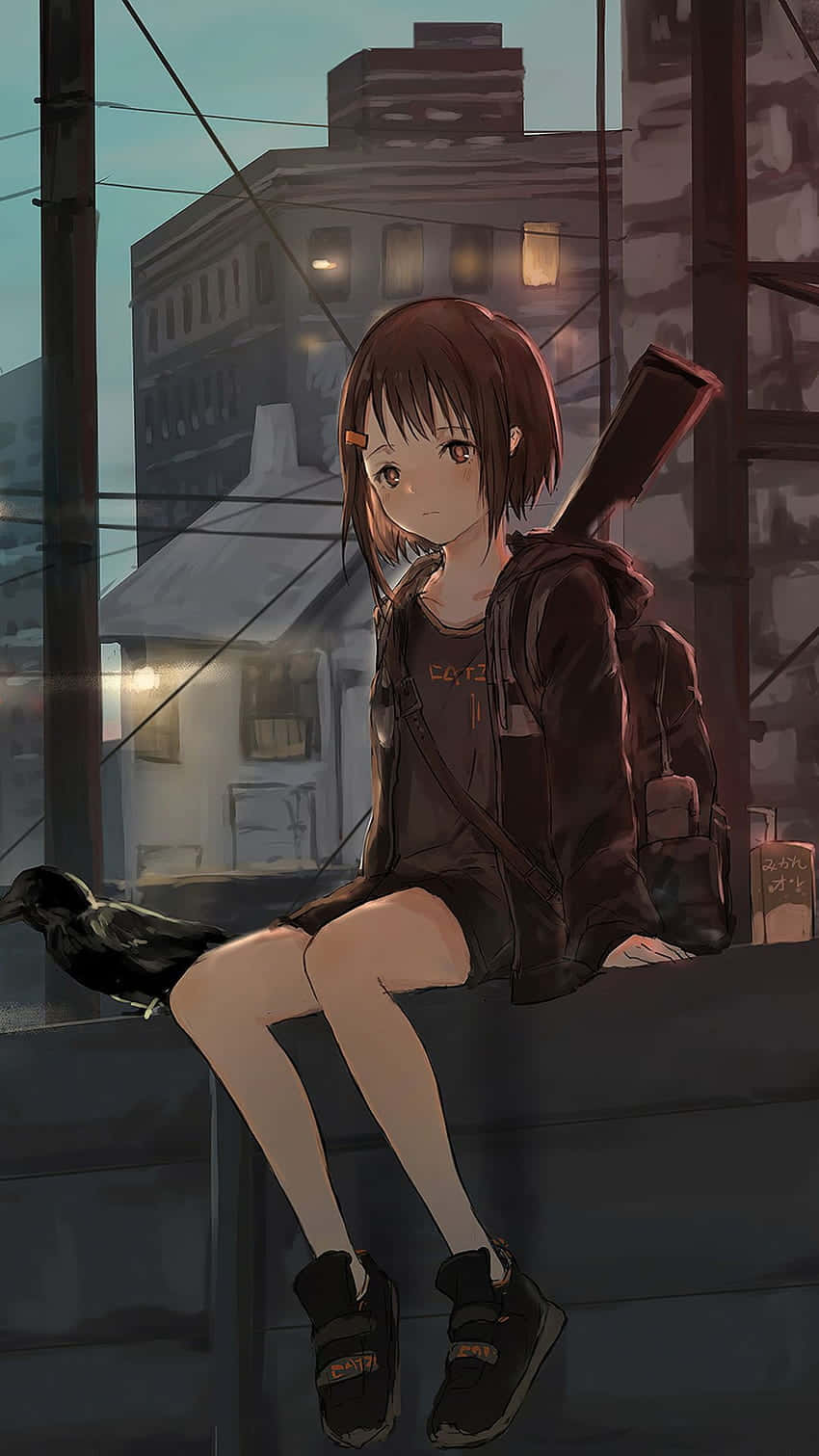 動漫女孩在黃昏時分與烏鴉坐在屋頂邊緣的城市環境