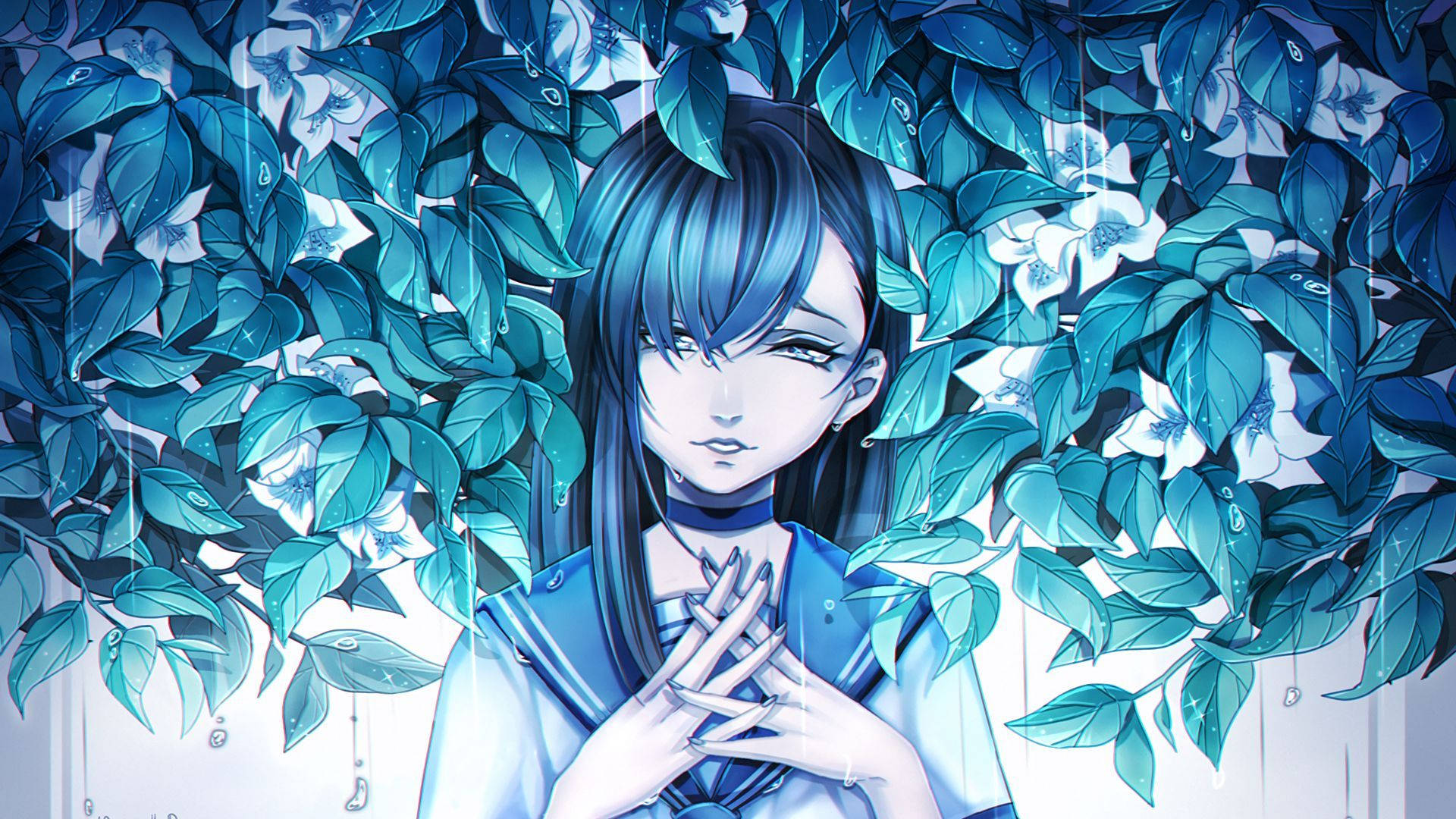 穿著水手服的藍髮動漫少女被雨水浸濕的樹葉包圍。
