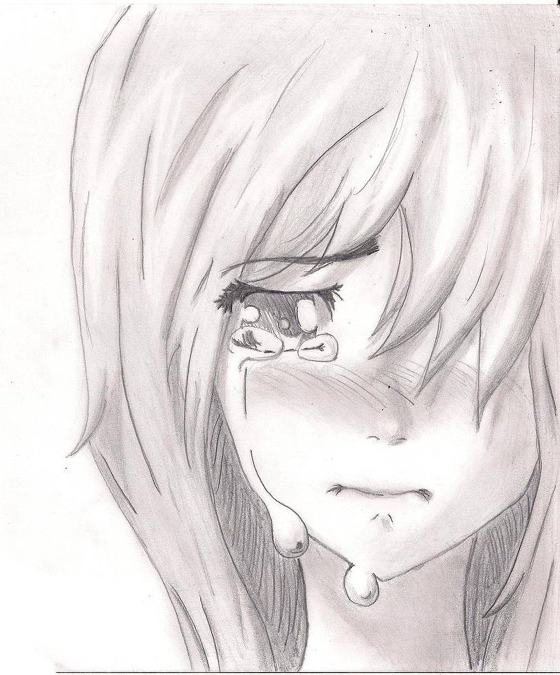 淚眼女孩鉛筆素描 壁紙 — 一幅詳細的鉛筆素描，描繪一位長髮動漫女孩從眼睛流出兩大滴眼淚。