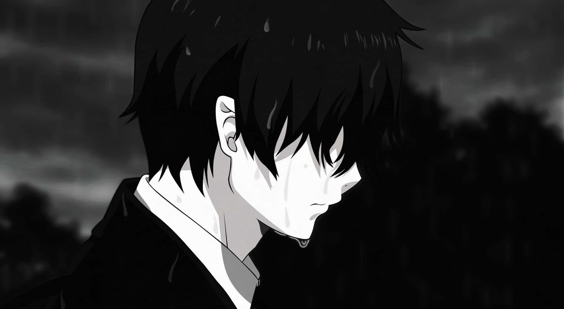 一個悲傷的動畫男孩在雨中哭泣，背景黑暗。