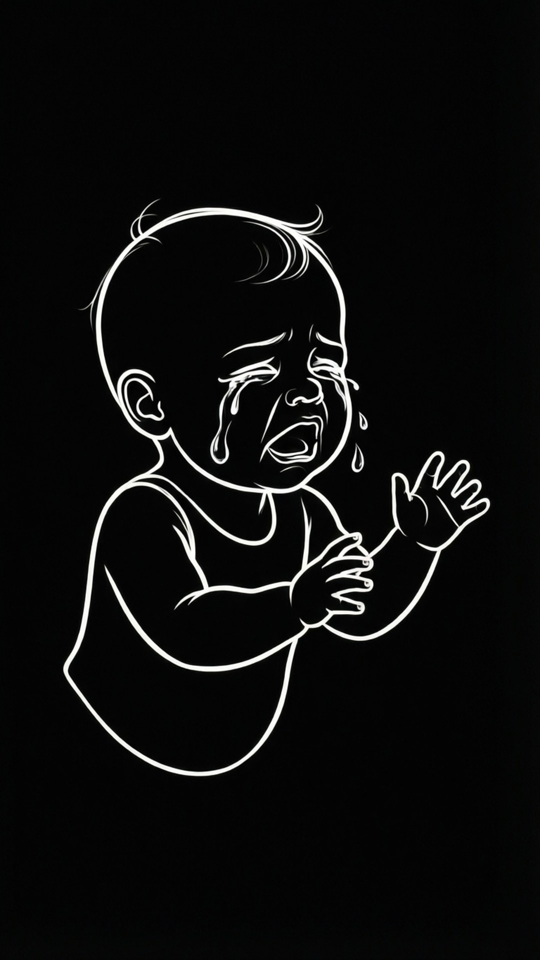 一個哭泣的嬰兒，以白色輪廓勾勒，淚水滴落在黑色背景上。