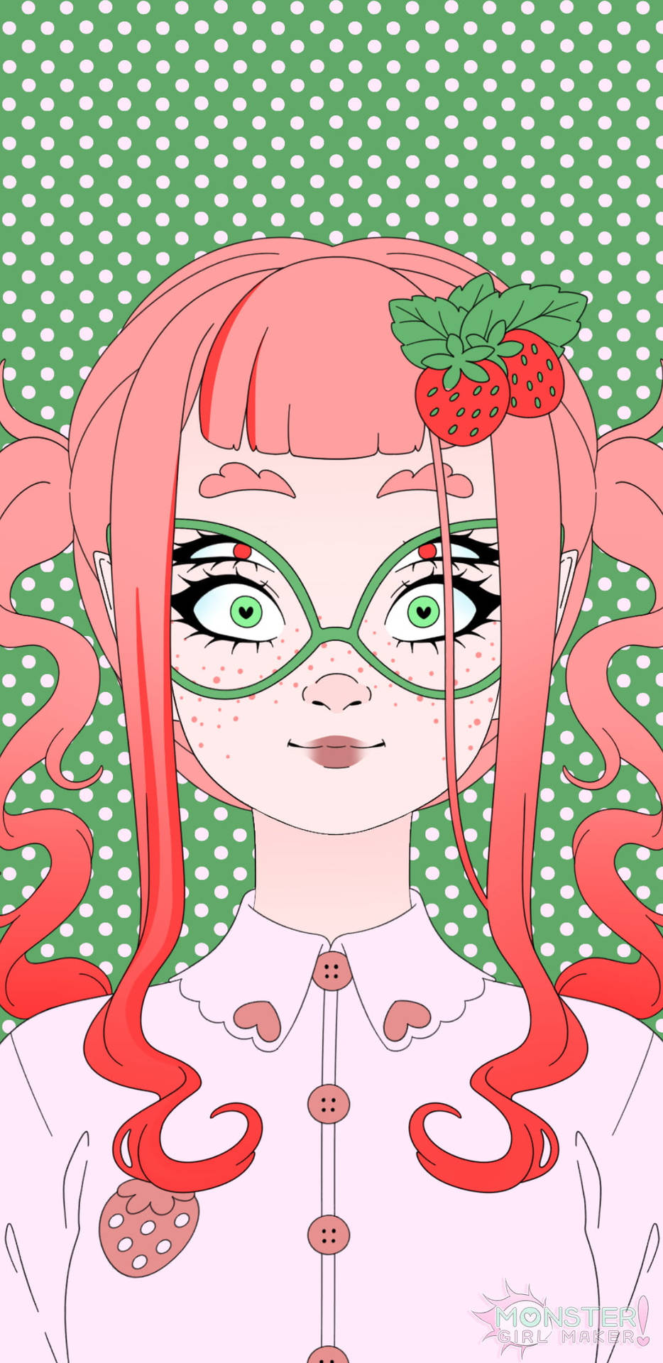 粉紅色頭髮和綠色眼鏡的動漫女孩，穿著草莓主題服裝。