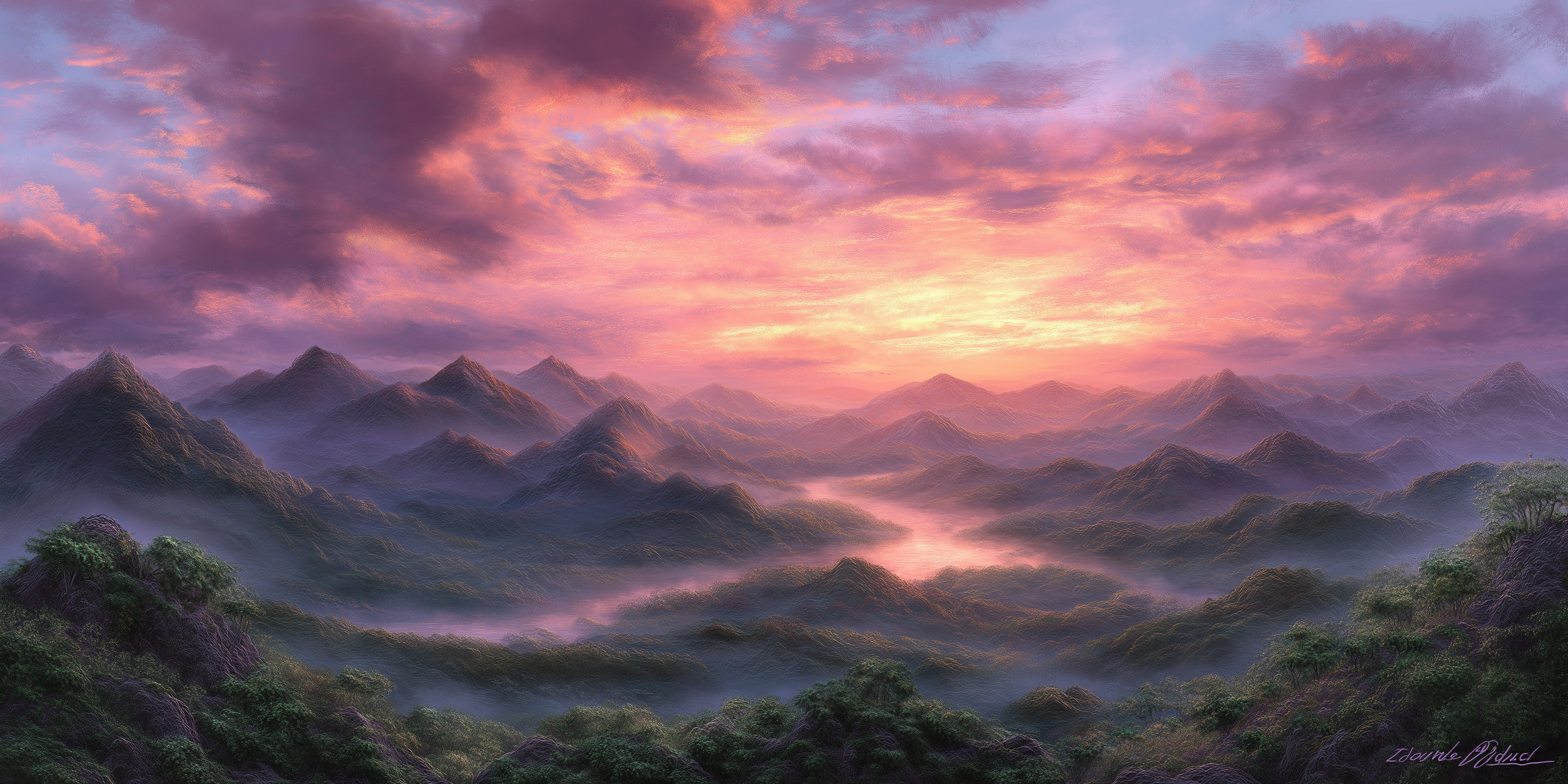 淡彩山谷夕照 壁紙 — 令人驚嘆的山脈沐浴在柔和的粉紅色和橙色色調中，黎明破雲而出，在霧氣籠罩的山谷上投下溫暖的光芒。