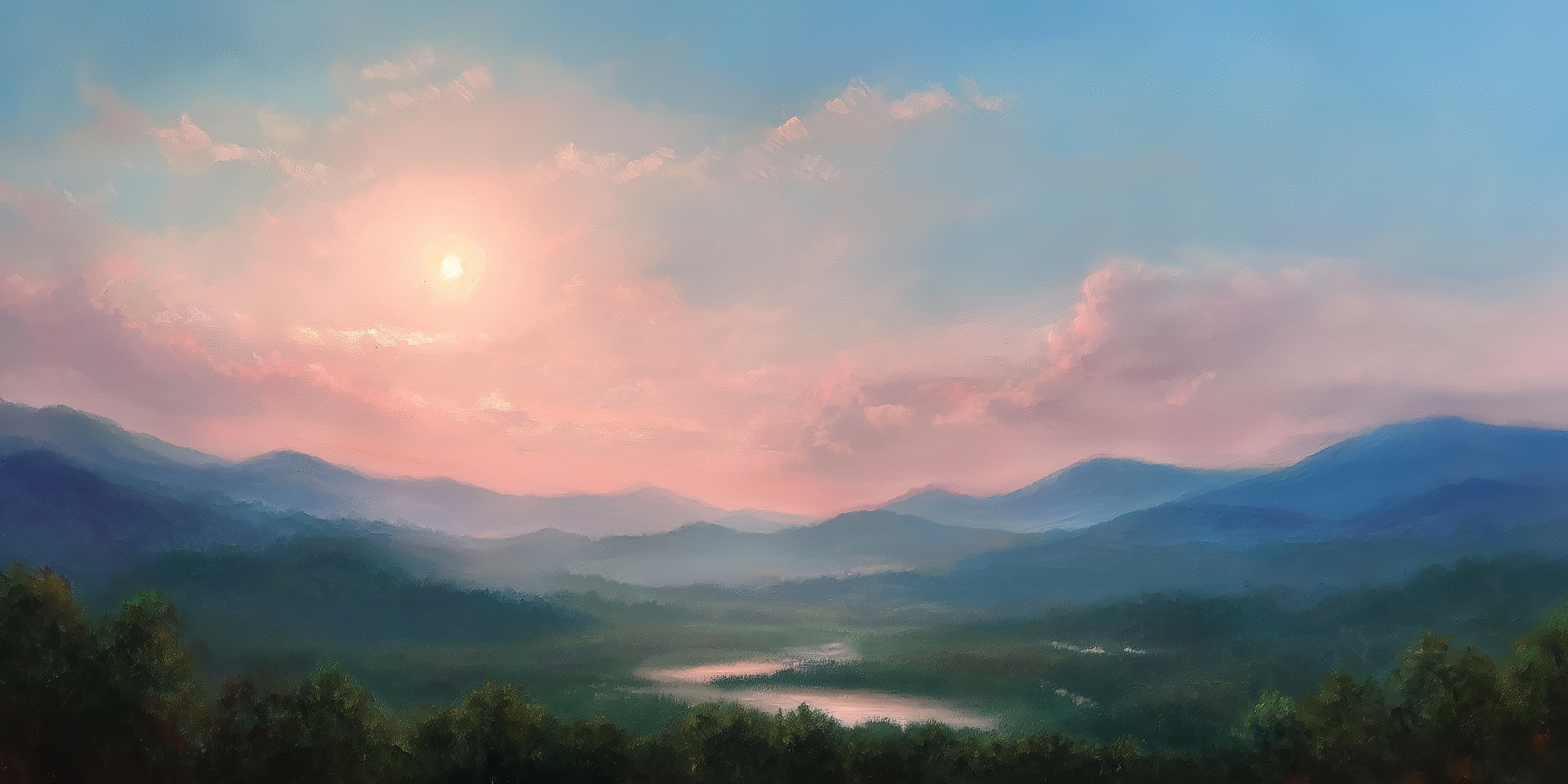 淡彩山谷夕照 壁紙 — 寧靜的日出在霧氣瀰漫的起伏山巒上繪出粉紅和藍色的雲彩，下方有一條蜿蜒的河流。