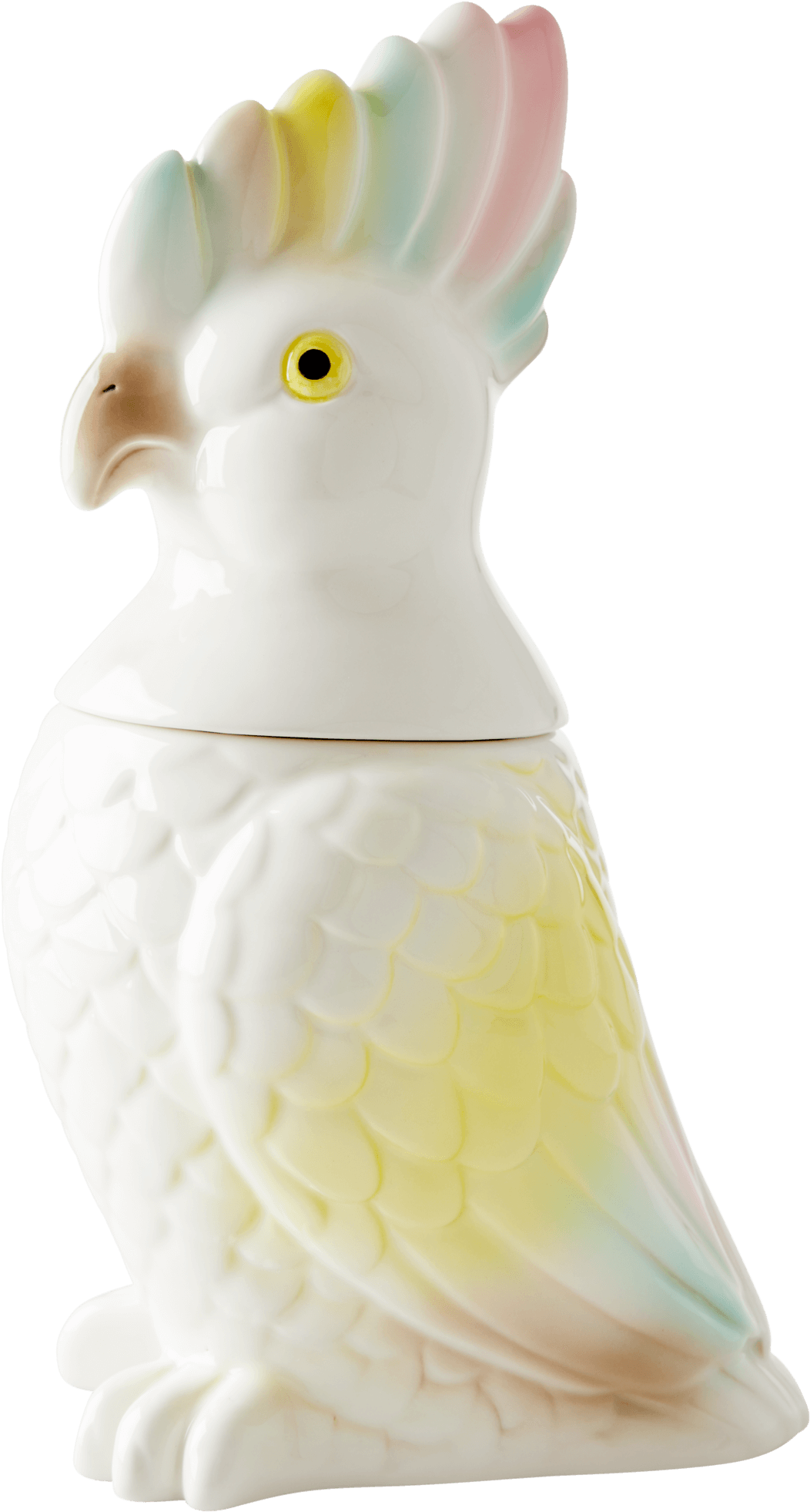 淡彩鳳頭鸚鵡瓷偶 壁紙 — 一隻光滑的陶瓷鳳頭鸚鵡公仔，帶有粉彩彩虹冠和黃色眼睛，在純黑背景上擺出姿勢。