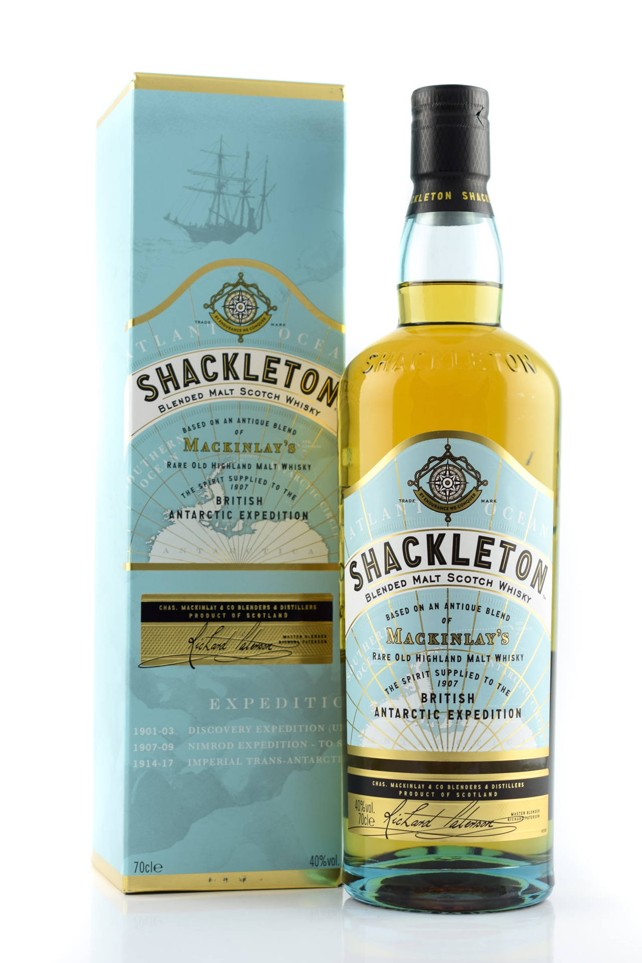 Shackleton威士忌酒瓶和盒子，以南極探險為主題。