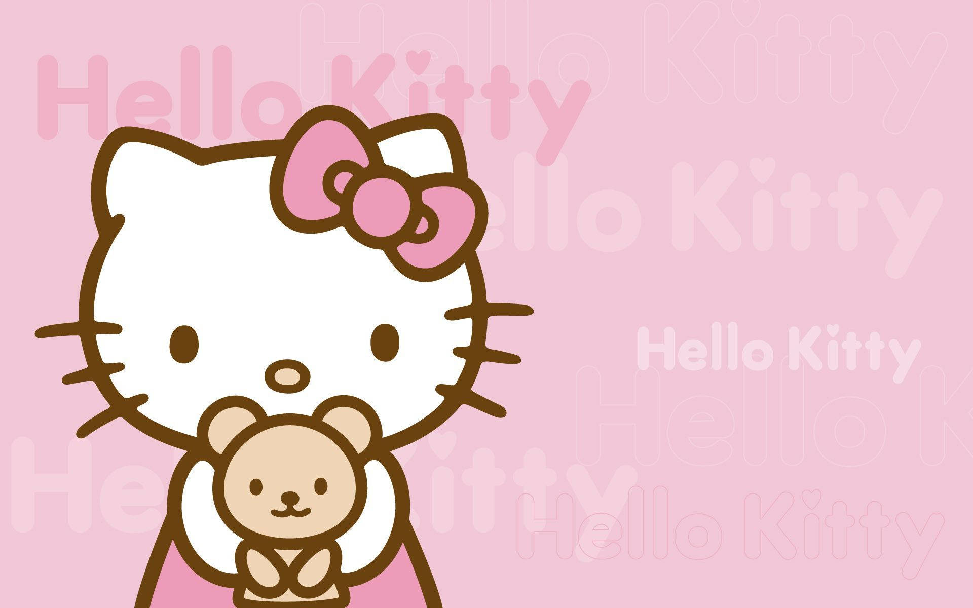 淡粉 Hello Kitty 桌面 壁紙 — Hello Kitty 喺粉紅色背景上抱住一隻泰迪熊，背景有重複嘅 Hello Kitty 文字。