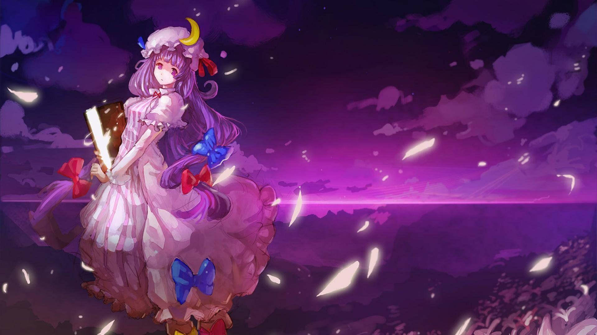 動漫女孩穿紫色連衣裙在星空下持發光書