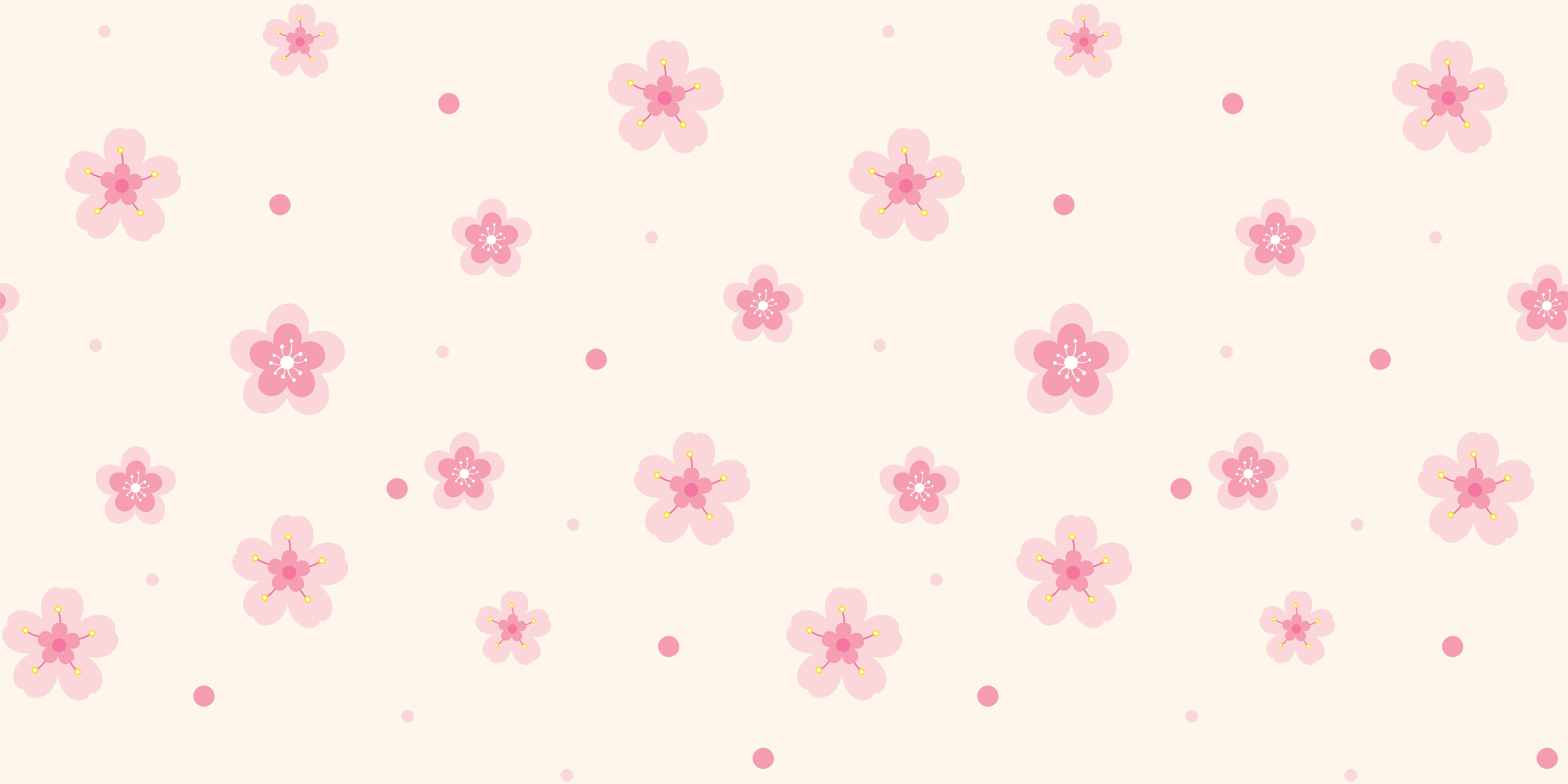 淡粉迷你花朵 壁紙 — 柔和的粉紅色櫻花和圓點在奶油色米色背景上輕輕飄浮，形成精緻的重複圖案。