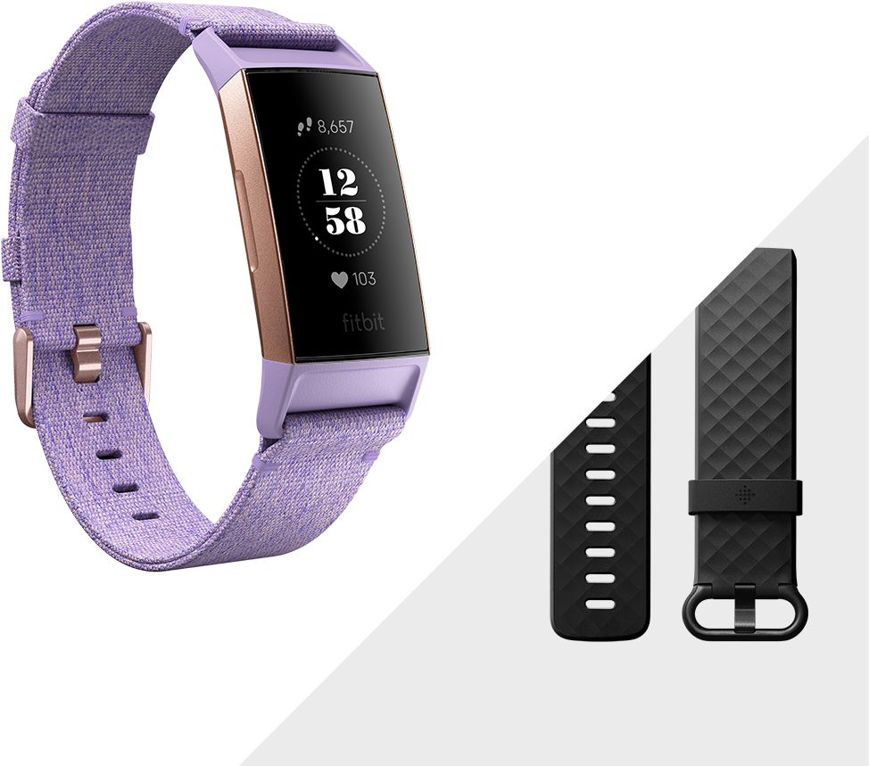 淡紫色Fitbit智慧手錶與錶帶 壁紙 — 一個薰衣草色Fitbit健身追蹤器，配有織物錶帶，展示在黑白對角線背景上，旁邊有兩條黑色替換錶帶。
