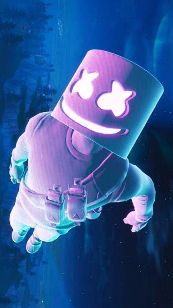 淡紫色Marshmello iPhone壁紙 壁紙 — 一個發光的紫色棉花糖人，戴著微笑頭盔，漂浮在深藍色洞穴的水下。