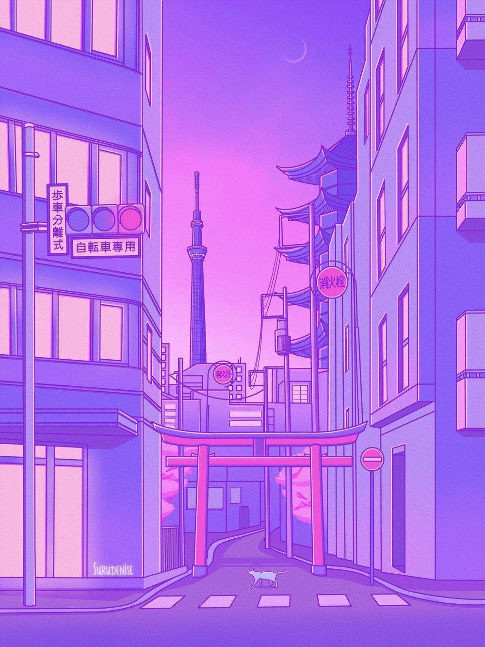 夜晚的東京風格小巷，有貓、鳥居和新月下的塔樓。