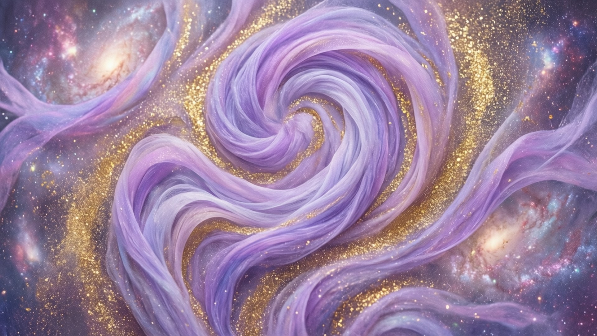 薰衣草色和金色的宇宙漩渦，閃爍的星星和星系形成
