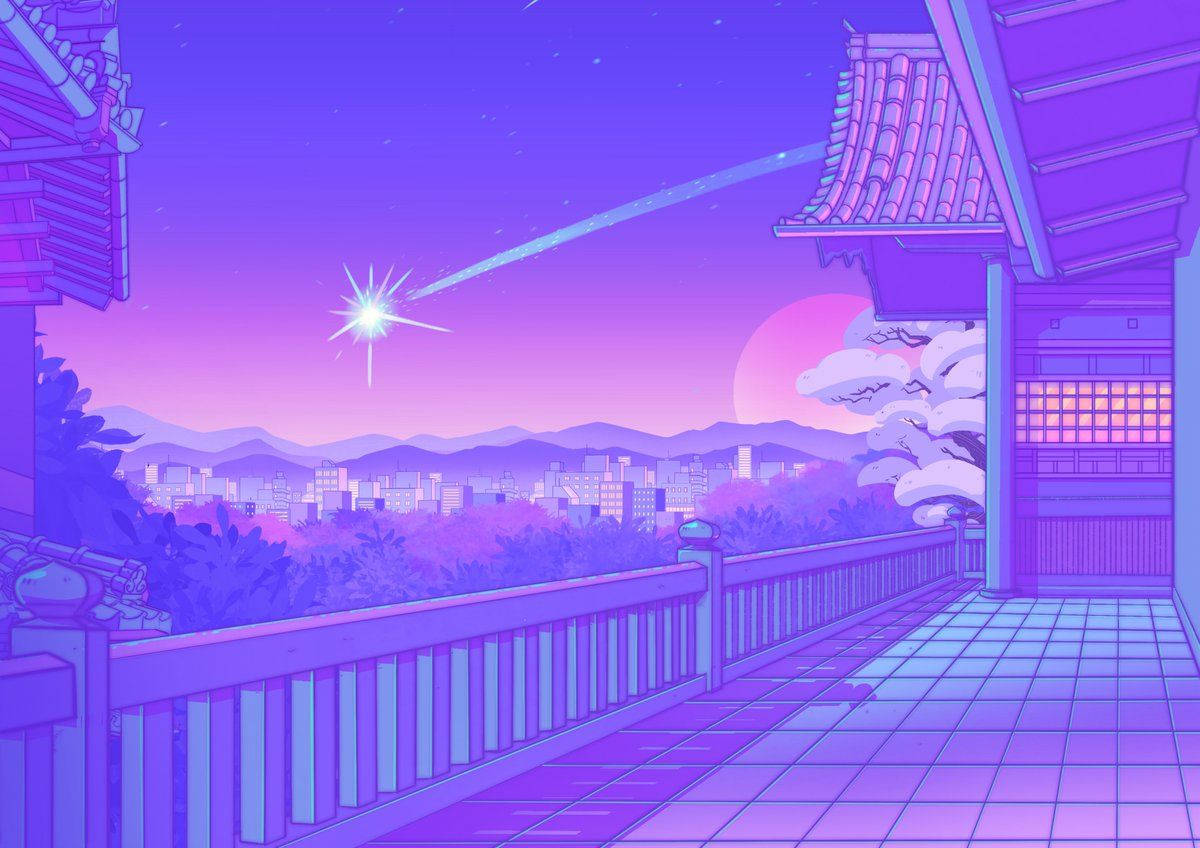 動漫陽台，紫色光芒俯瞰城市和黃昏天空中的彗星