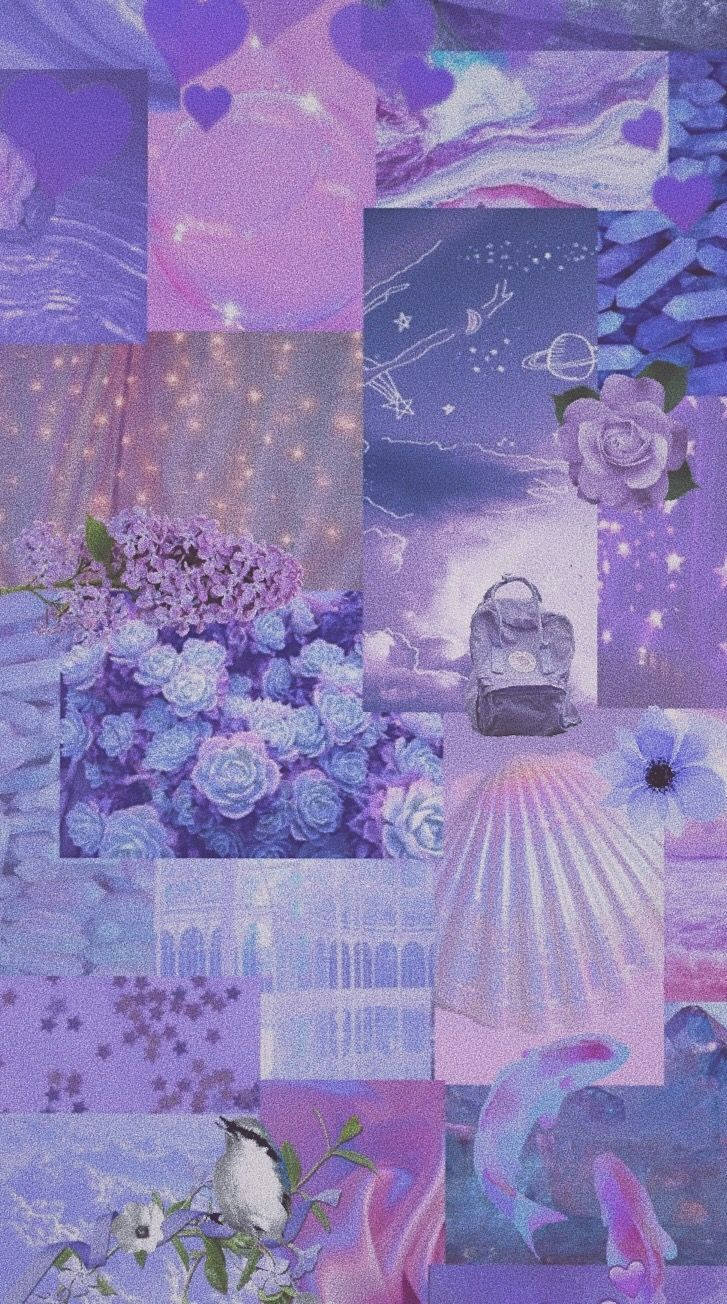 紫色夢幻拼貼，包含花朵、星星和背包