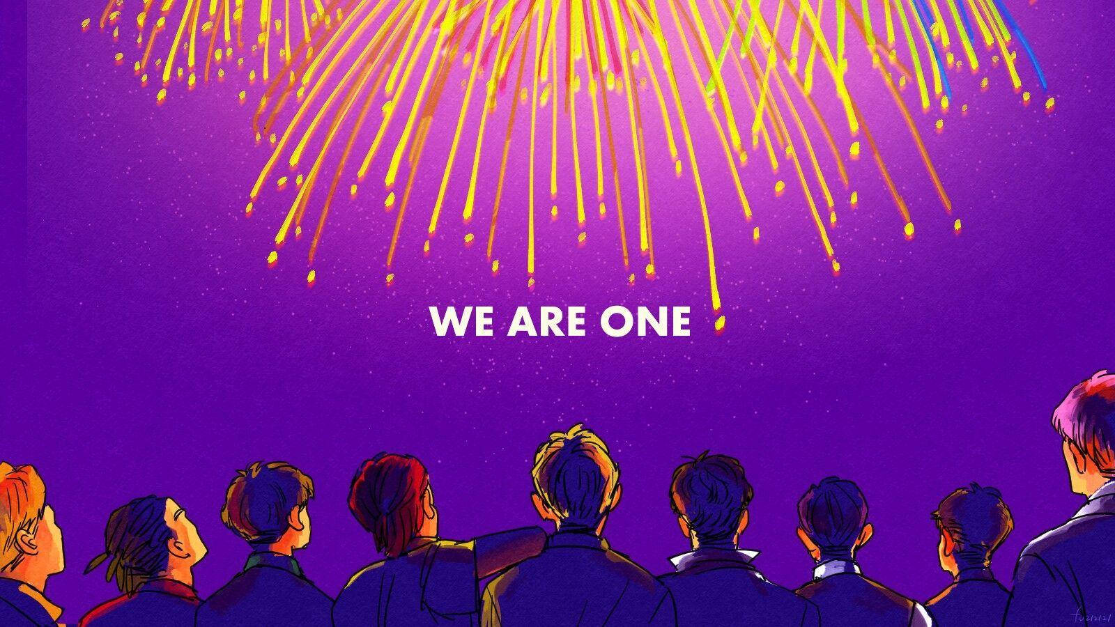 不同背景的人群觀看彩色煙火，帶有文字WE ARE ONE