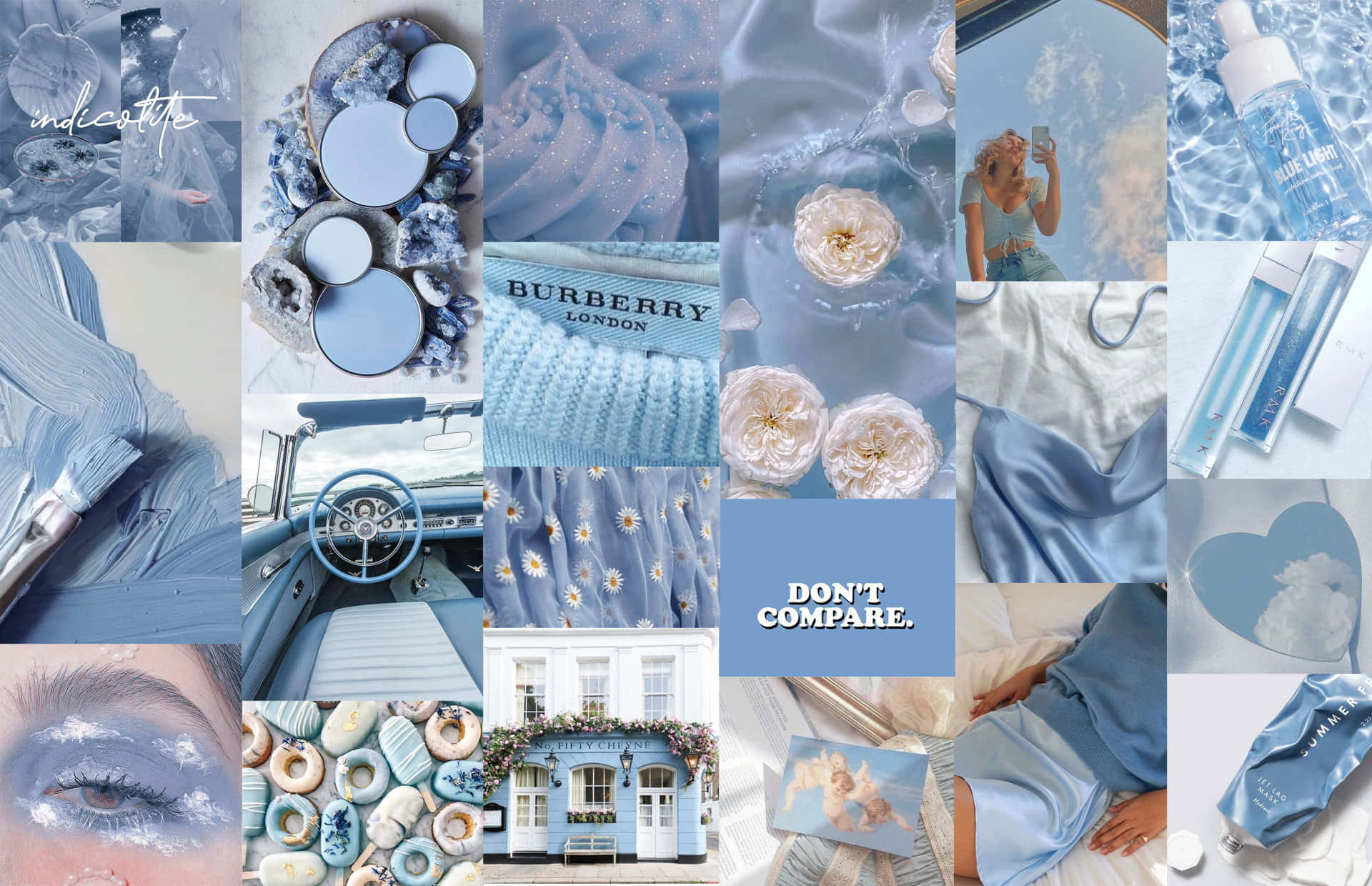 淡藍色拼貼畫，附有「別比較」金句 壁紙 — 一個寧靜的藍色主題拼貼畫，以柔和粉彩呈現時尚配飾、鮮花、汽車和生活風格時刻。