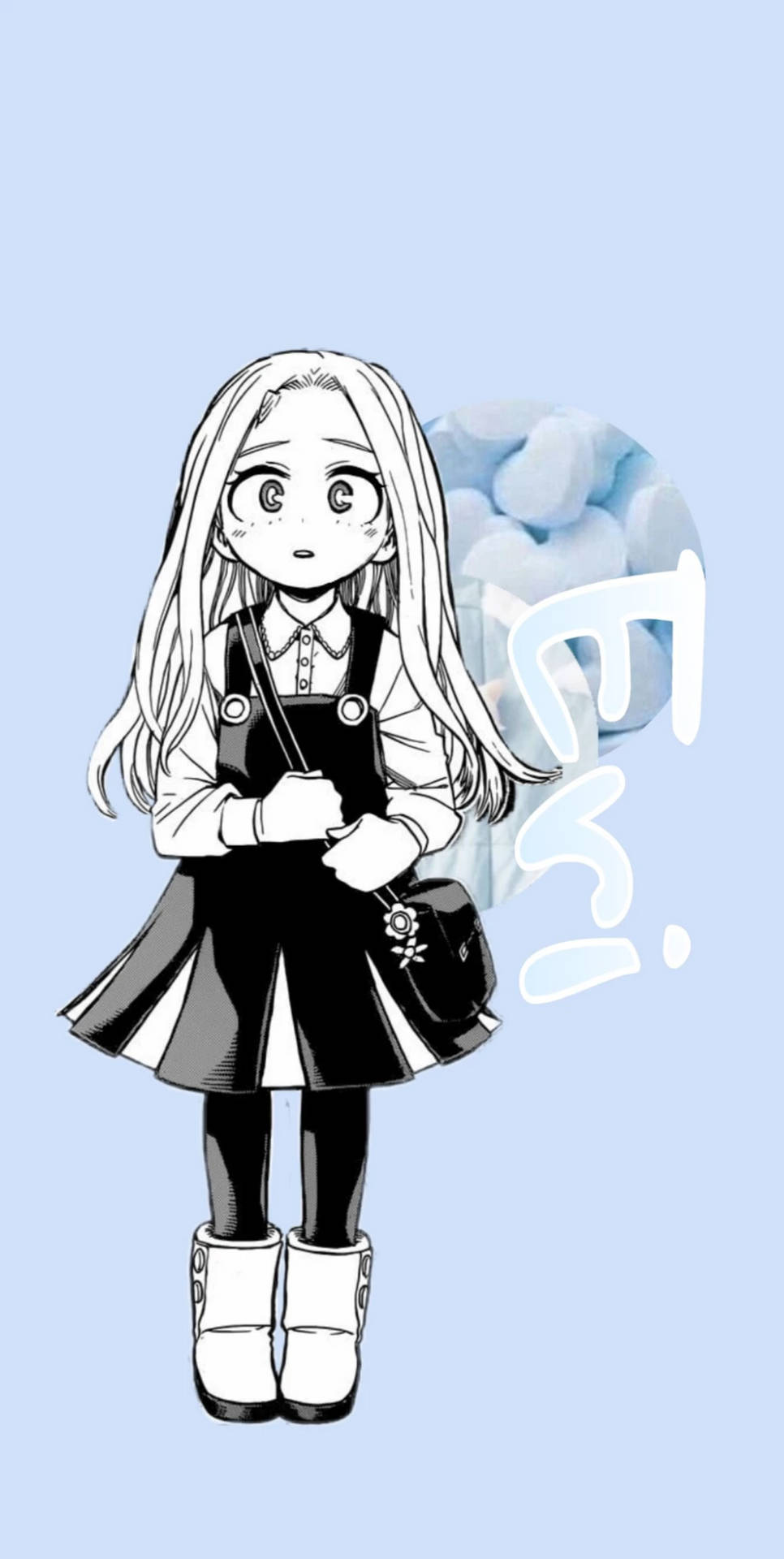 淡藍色背景的 Eri 壁紙 — 一個黑白動漫女孩，長髮大眼，站在淺藍色背景前，拿著一個袋子。