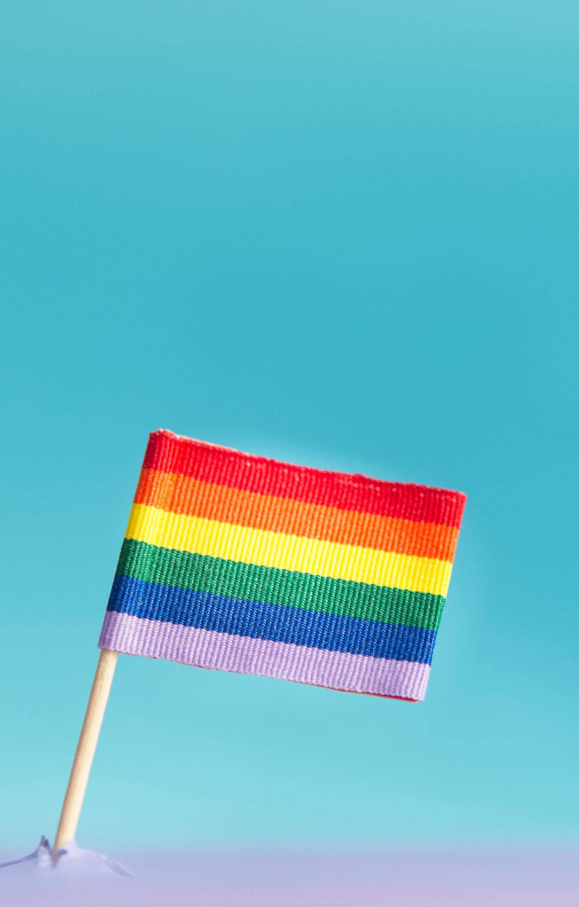 淡雅 LGBT 旗幟植於薰衣草土壤 壁紙 — 一支細小的彩虹旗插在棍子上，在柔和的藍色漸變背景前驕傲地豎立。