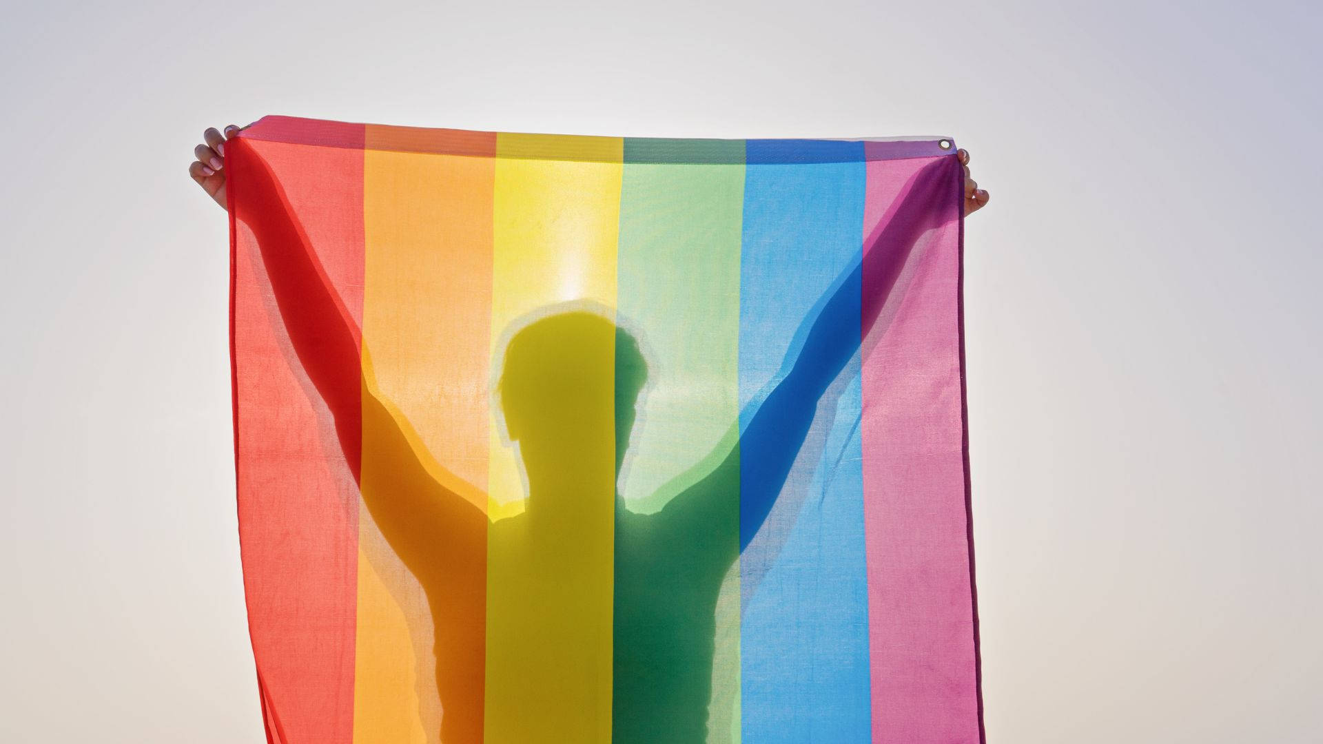淡雅 LGBT 硅膠剪影舉旗 壁紙 — 一個人高舉彩虹旗，映襯著明亮的天空，投射出色彩繽紛的剪影。