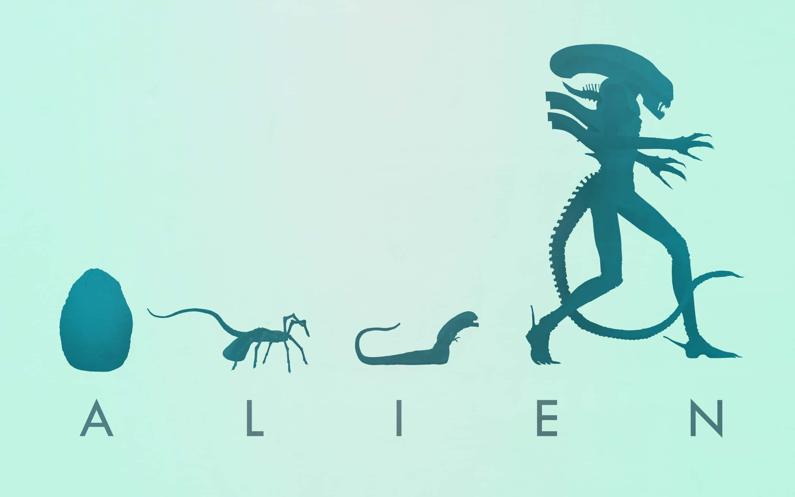 Cartoon Alien 桌布 壁紙 — 淡青色漸變背景上，從卵到成年生物的異星生命階段剪影。